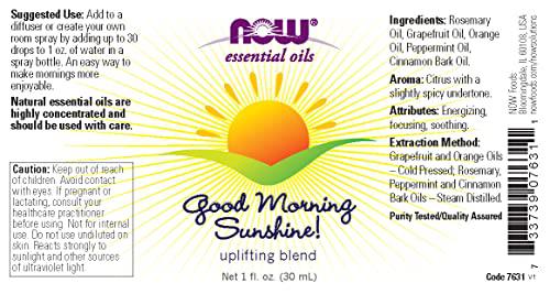 now essential oils, good morning sunshine aromatherapy blend, soothing aromatherapy scent, blend of pure essential oils, vega