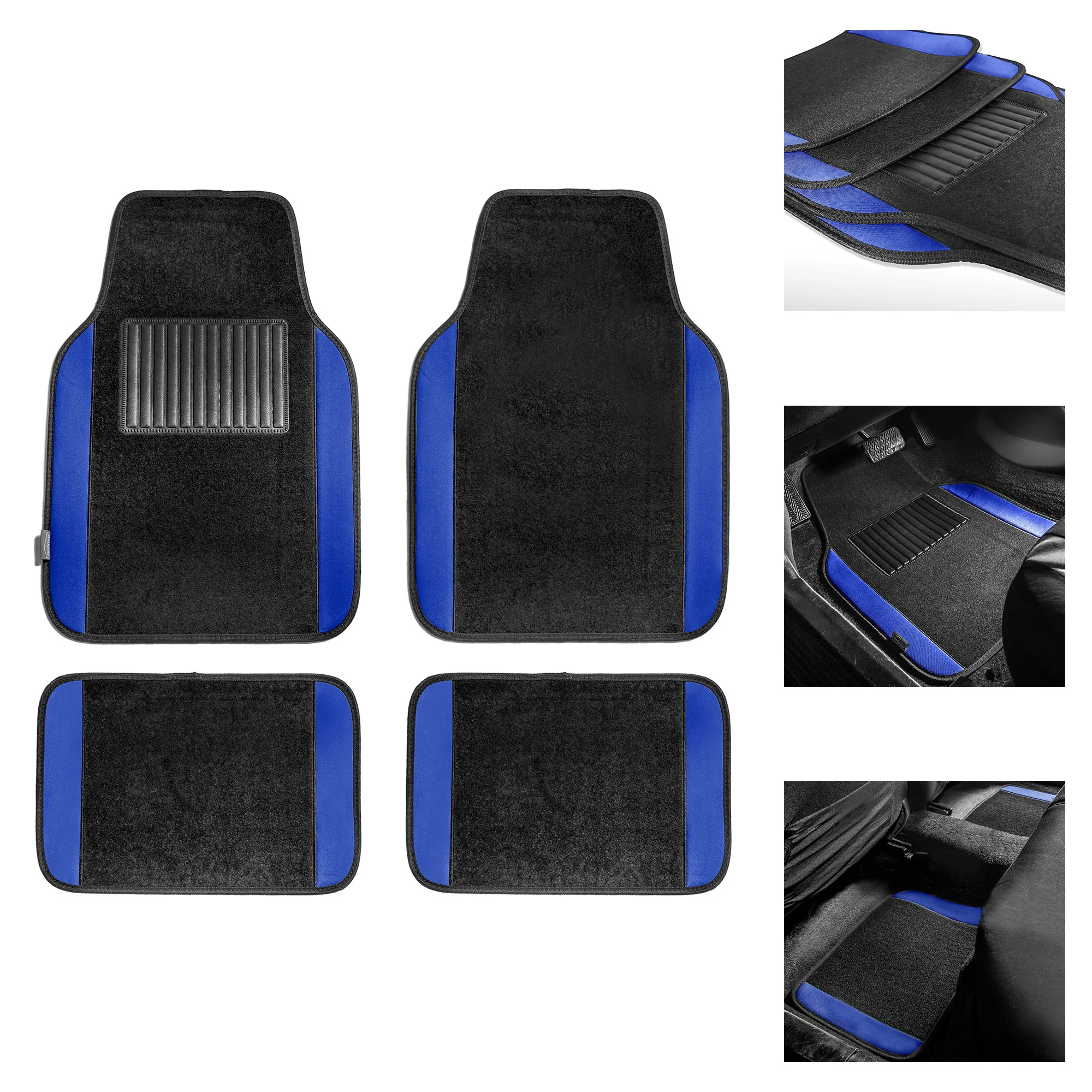 FH Group, Blue Black Carpet Floor Mats Combo w/ Rubber Trunk Cargo Linear Mat