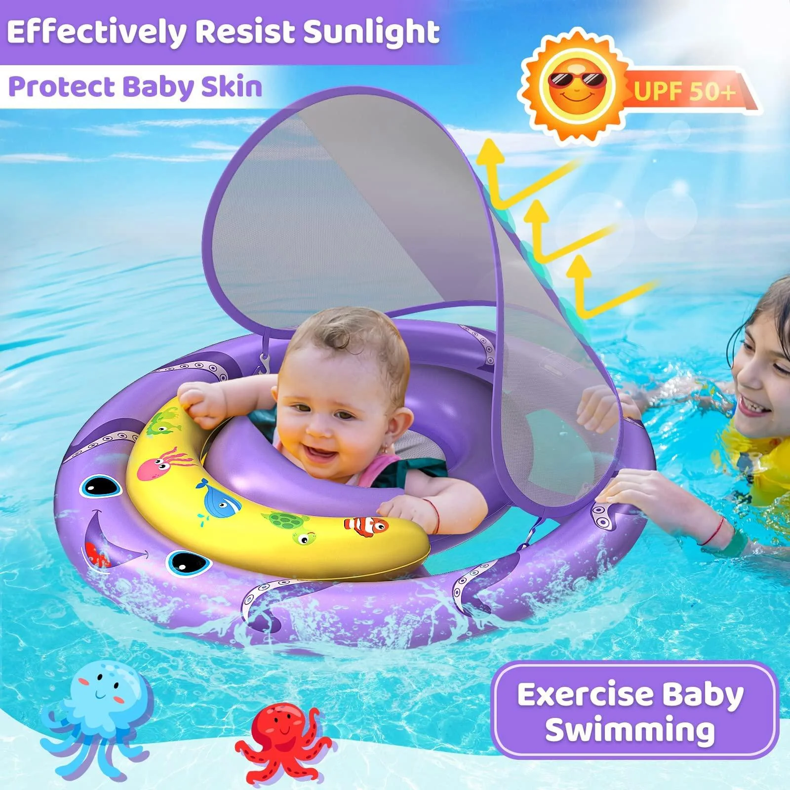 anbquik baby pool float with canopy, upf50+ infant baby swimming octopus floats, use extra wide dual air chambers anti-roll design an
