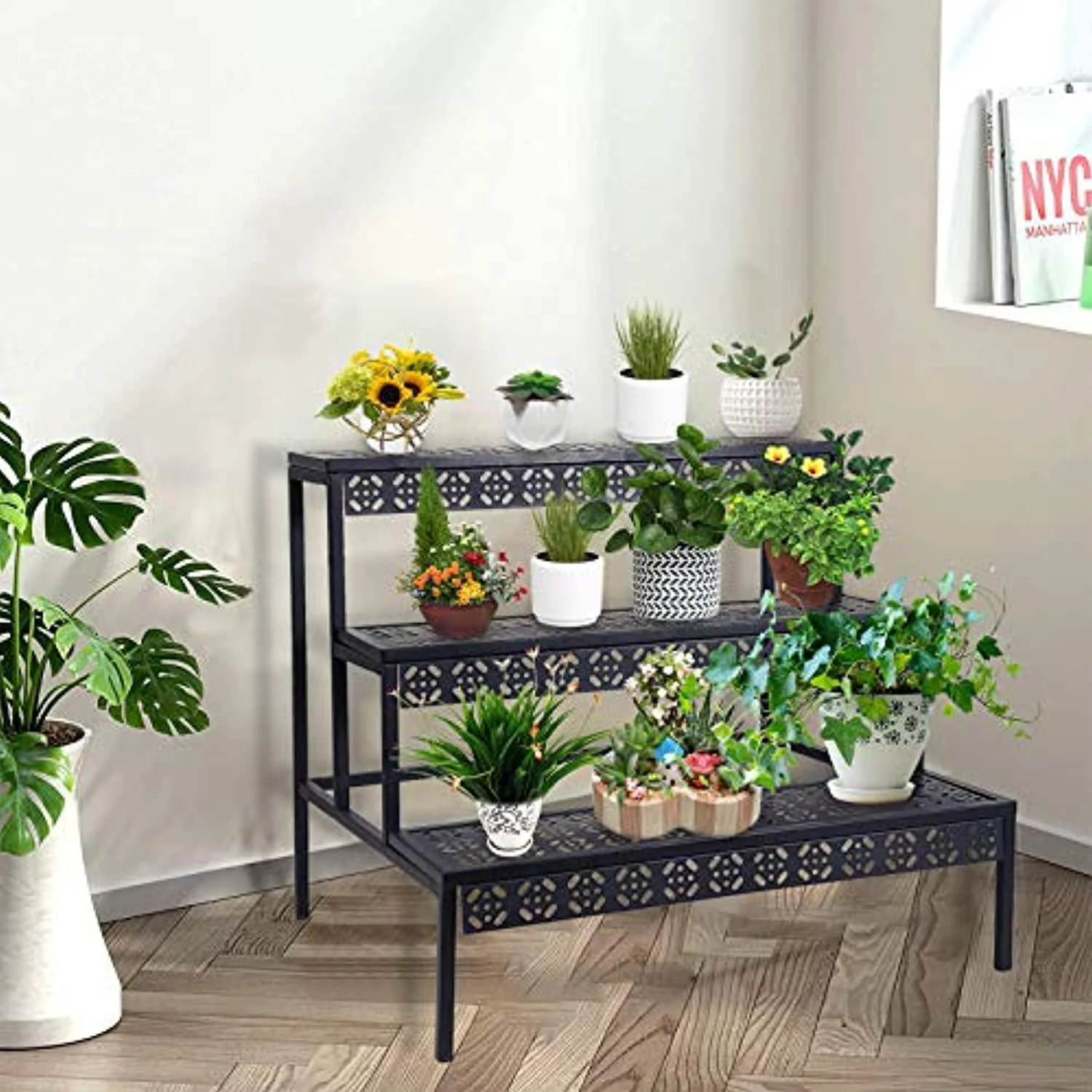 aboxoo 3 tier stair style large metal plant stand, garden display shelf flower pot holder storage organizer rack for indoor h