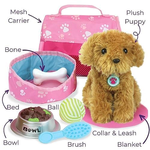 Sophia&s;s Sophias golden Plush Puppy Dog and Accessories Set with Leash, Food Bowl, Brush, Ball, Bone, Bed, Blanket, and carrier Sized for