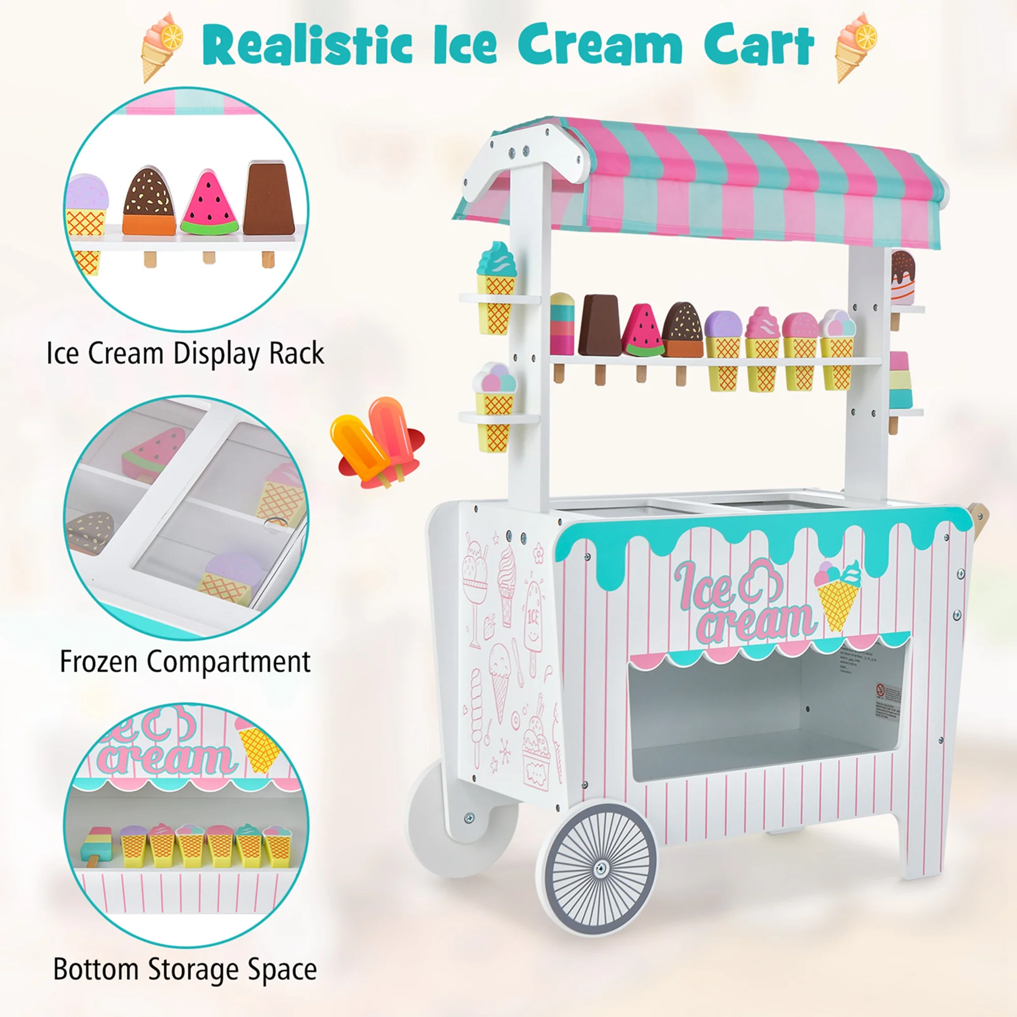 Costway Kid&s;s Ice Cream Cart Food Trunk Play Toy Set with Display Rack &a; Accessories