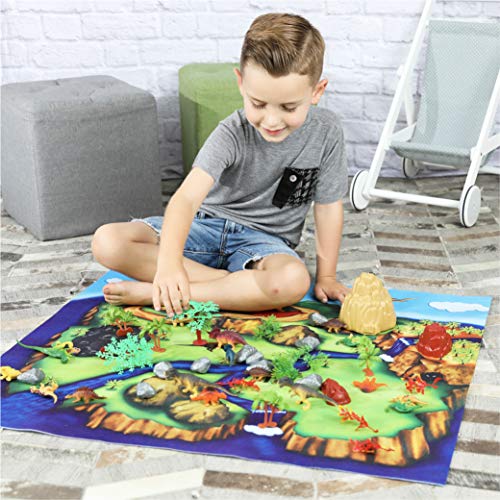 ToyVelt Dinosaur Play Set Dinosaur Toys Includes Dinosaur Figures, Trees, Rocks, PlayMat, And A Beautiful Container Create a Din