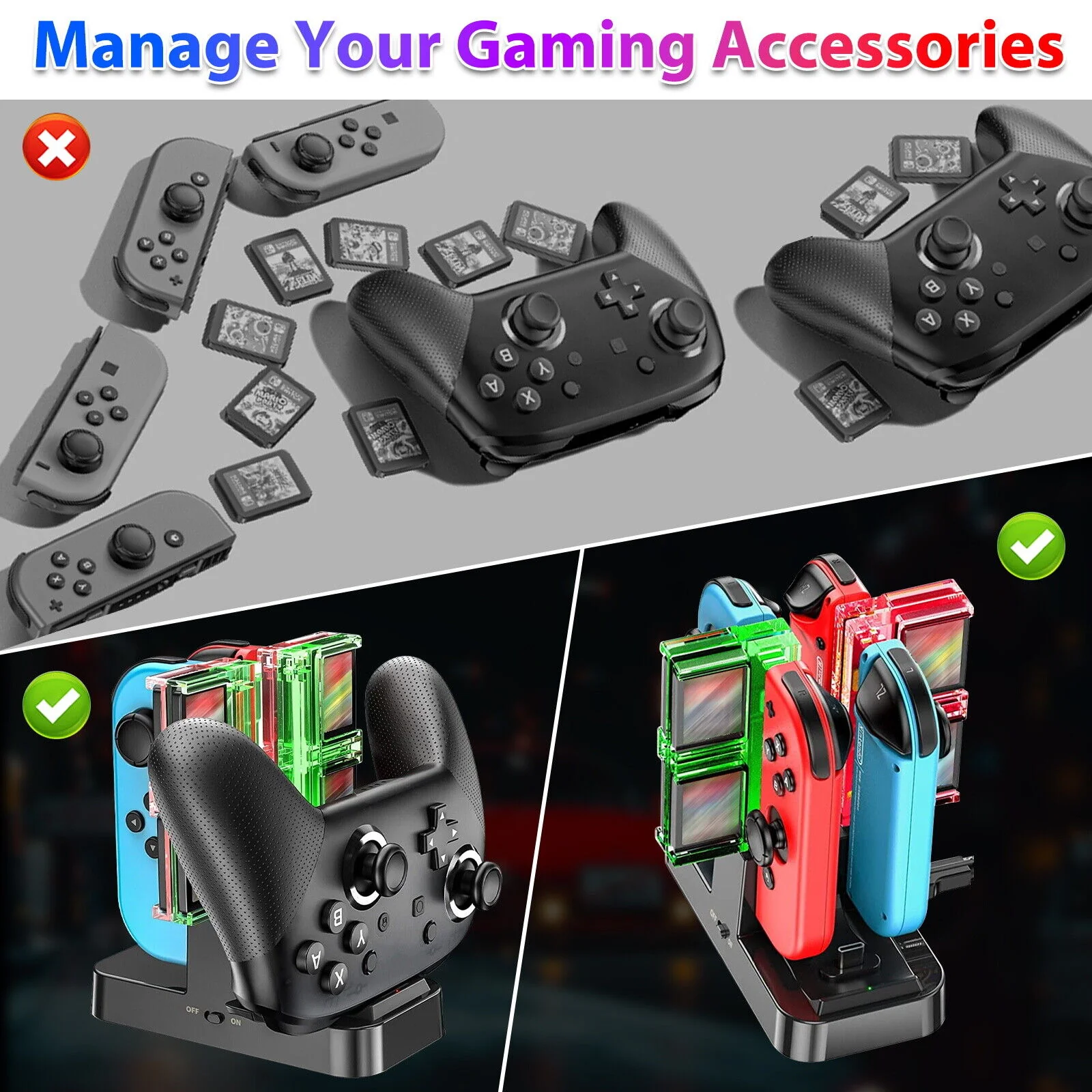 GCP Products Charging Dock Stand + 8 Game Slots Holder For Nintendo Switch Joy-Con Controller
