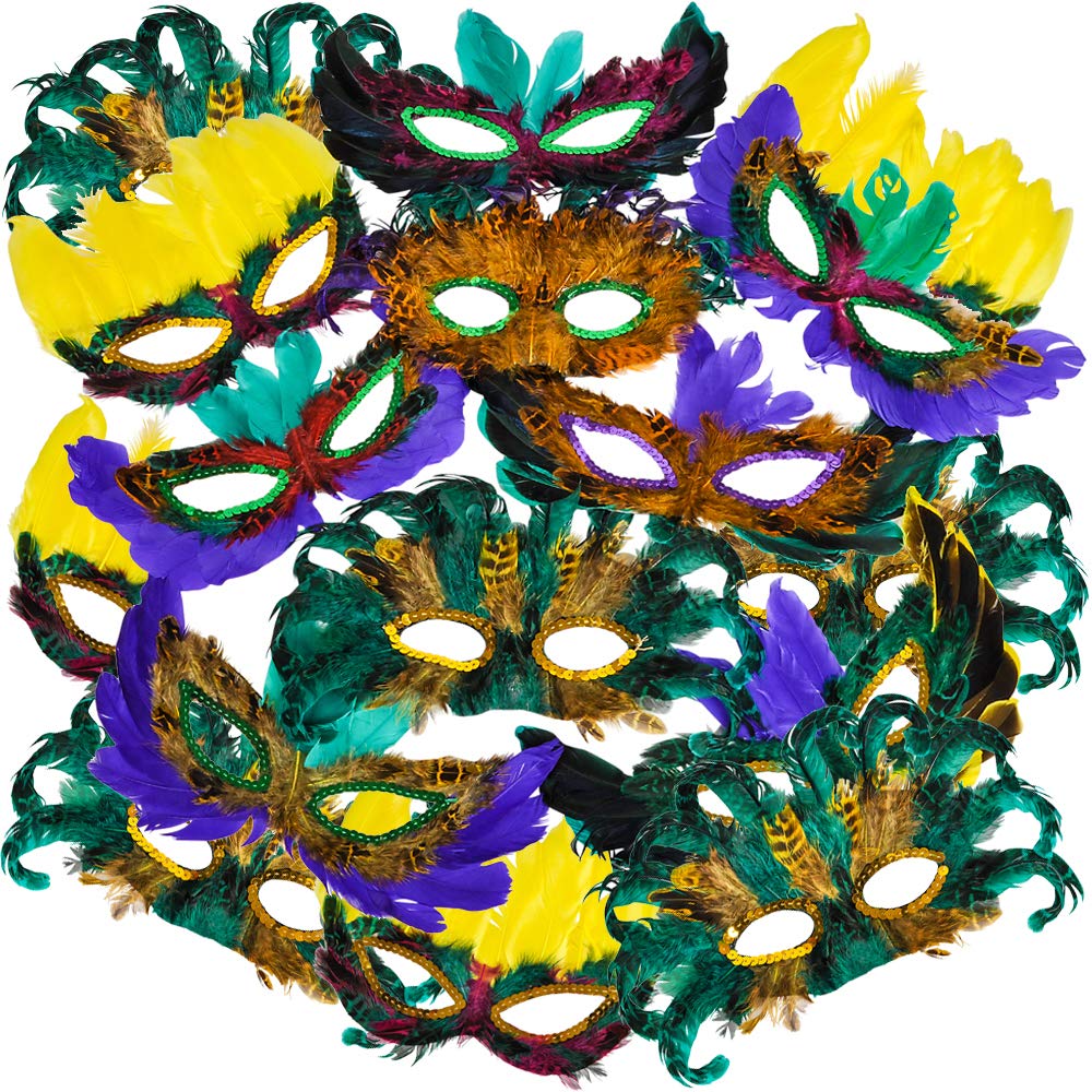 Bedwina Mardi Gras Masks - (Pack of 50) Bulk Carnival Masquerade Mask Costume Party Supplies, Feather Mardi Gras Decorations for