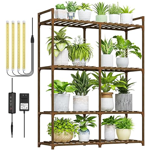 Bamworld Plant Stand with Grow Lights for Indoor Plants Wood Plant Shelf 4 Tier Large Flower Stand for Mutiple Plant Holder Rack
