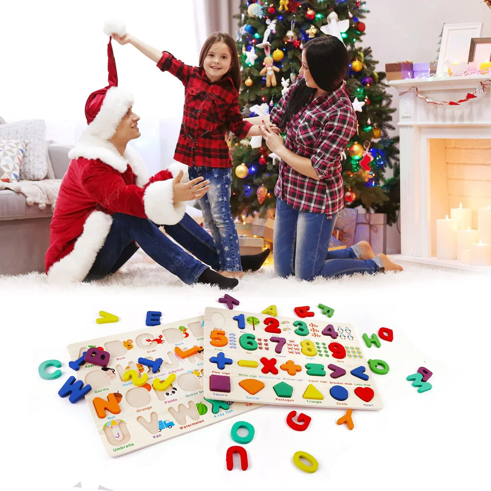 Yohelly wooden puzzles for toddlers, 2 pack wooden abc alphabet number shape puzzles toddler toys for kids age 1-3 years boys and gir