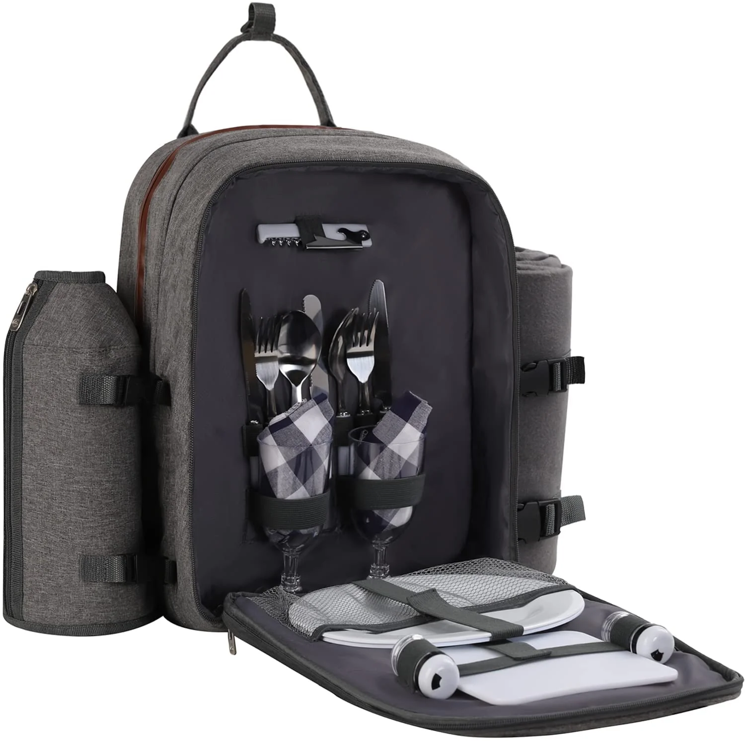 ALLCAMP OUTDOOR GEAR Picnic Backpack for 2 Person W/ Detachable Bottle/Wine Holder, Fleece Blanket, Plates and Cutlery Set (Grey