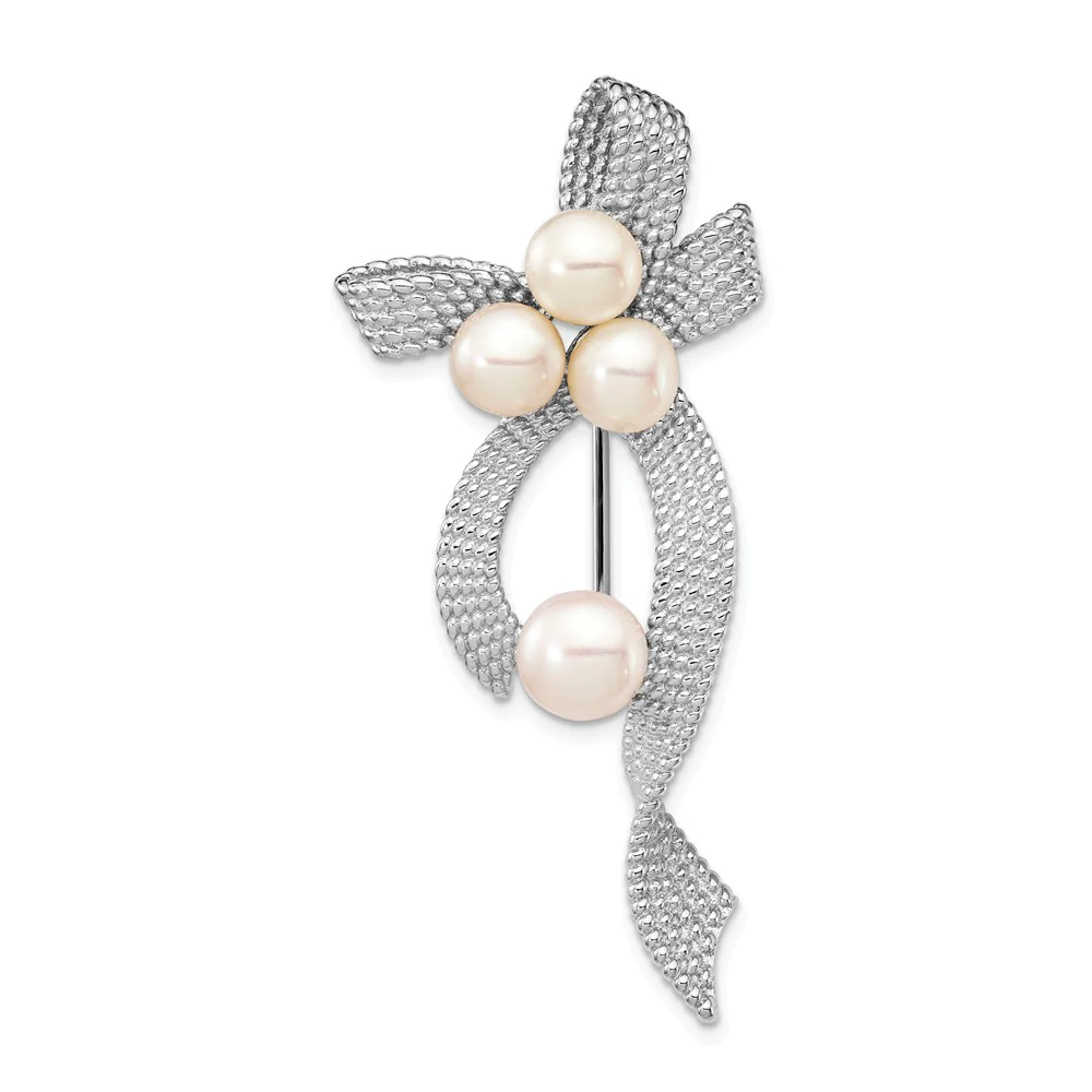 Jewelryweb Sterling Silver Rhod-plat 5-6mm White Button Freshwater Cultured Pearl Brooch Pin