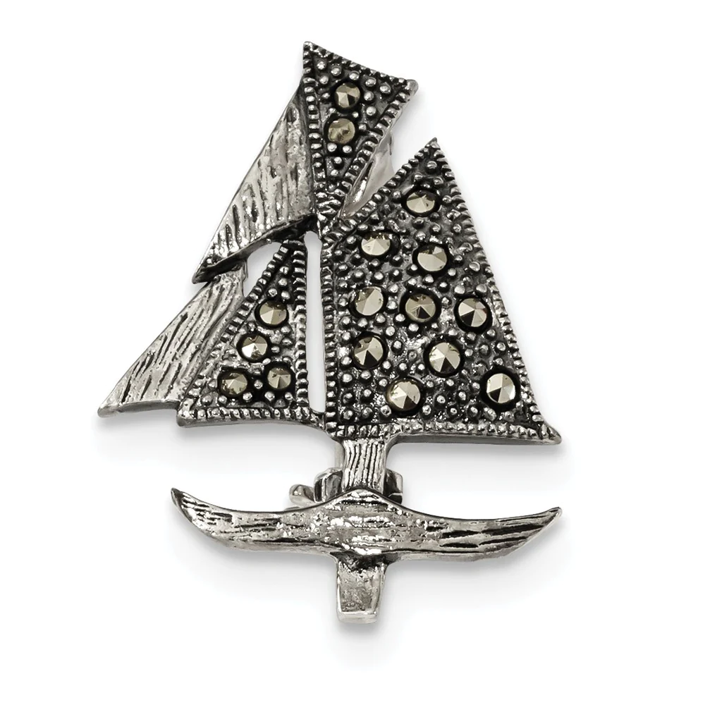 Jewelryweb 21.5mm Sterling Silver Antiqued Marcasite Sailboat Pin