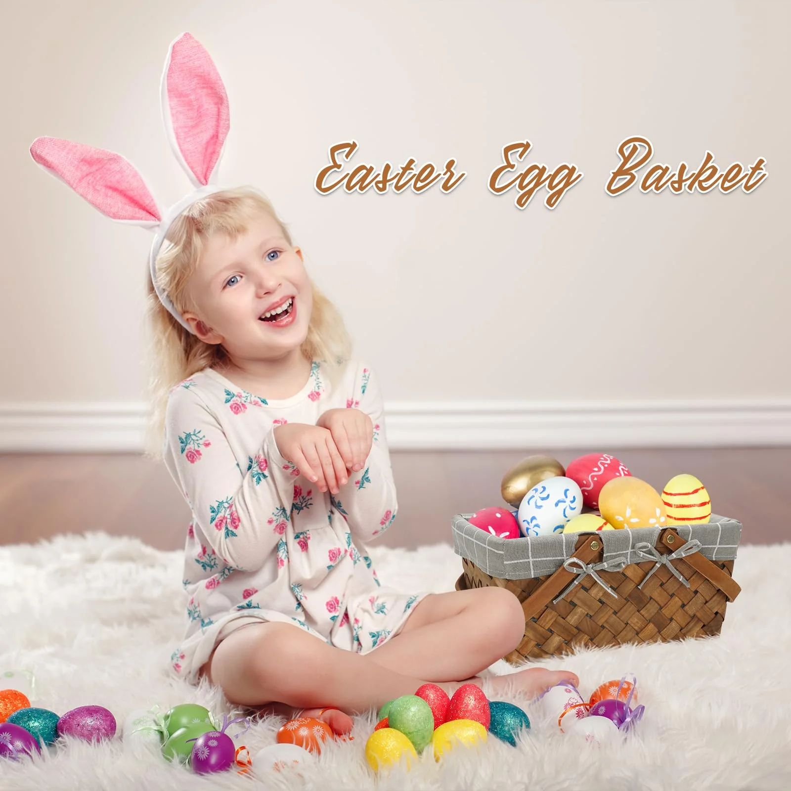 G GOOD GAIN Woodchip Picnic Basket with Double Fold Handles, Hand Woven Easter Eggs and Candy Basket, Bath and Kids Toy Wicker Storage Baske