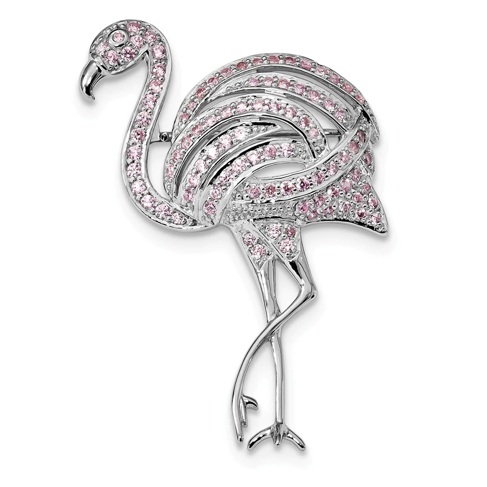 Jewelryweb 34mm Sterling Silver Rhodium-plated Pink Cubic Zirconia Flamingo Pin