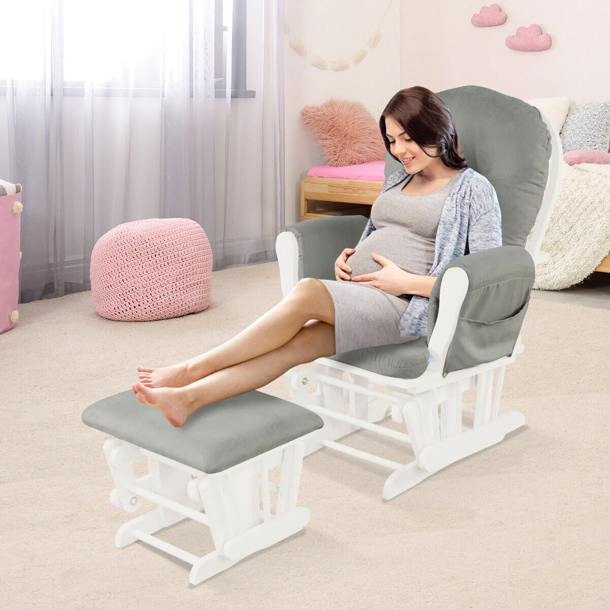 Great Choice Products Baby Nursery Relax Rocker Rocking Chair Glider &a;Ottoman Set W/Cushion Light Grey