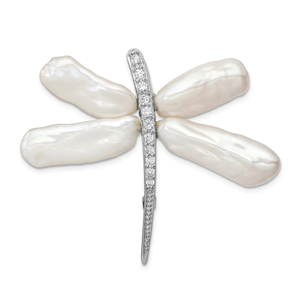 Jewelryweb 1.5mm Sterling Silver Rh White Baroque Freshwater Cultured Pearl Cubic Zirconia Dragonfly Slide Pin