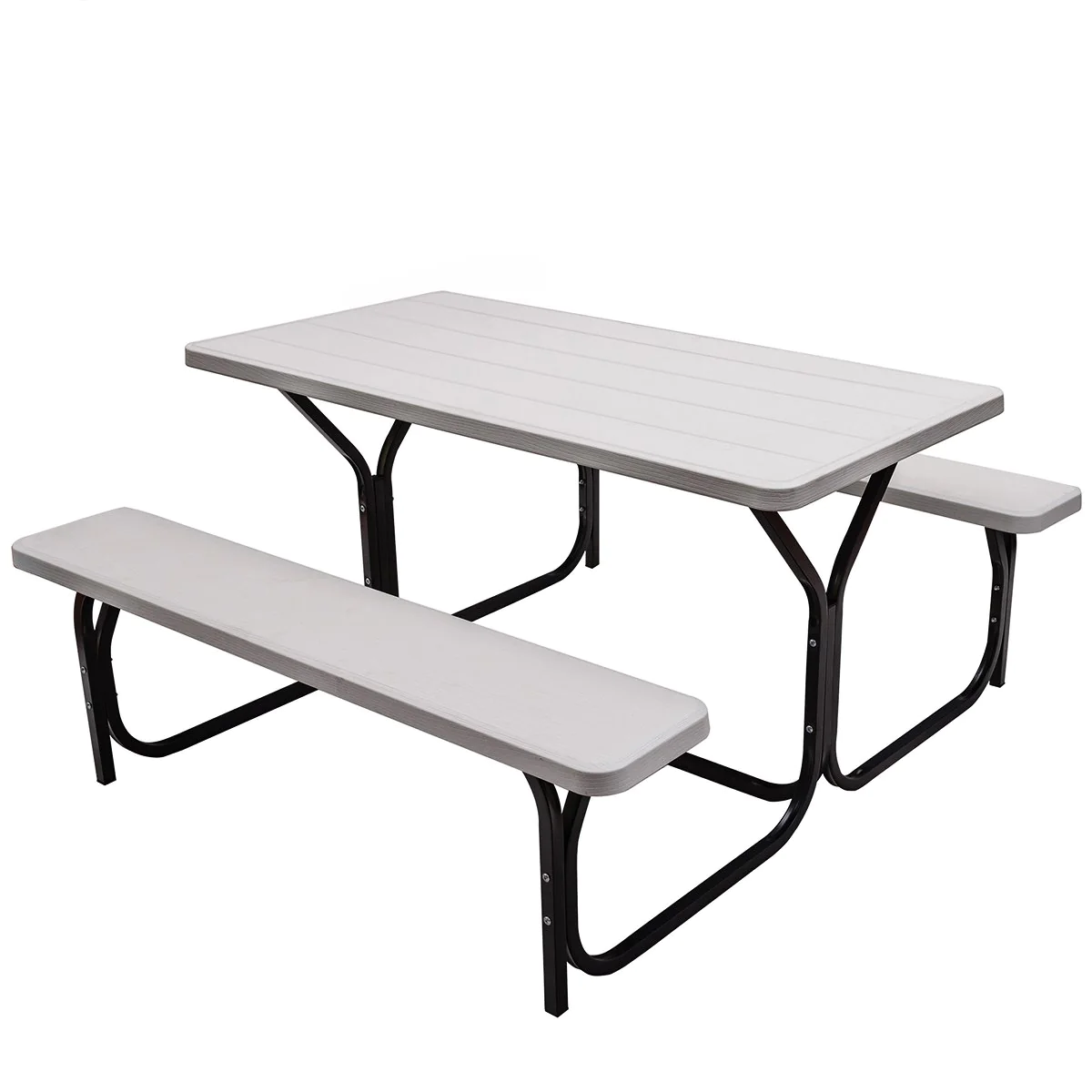 Giantex Picnic Table Bench Set Outdoor Camping All Weather Metal Base Wood-Like Texture Backyard Poolside Dining Party Garden Pa