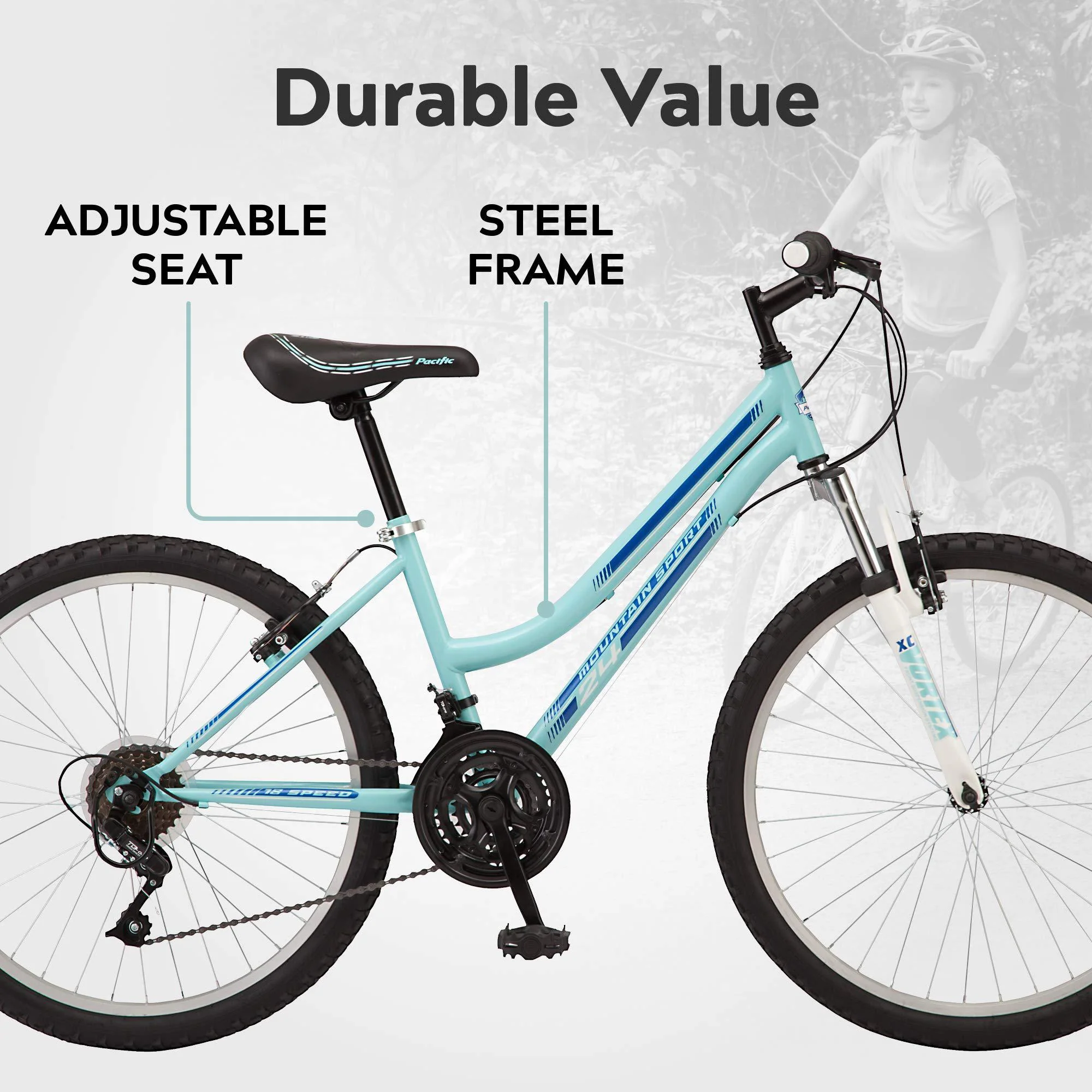 pacific mountain sport youth/adult hardtail mountain bike, boys and girls, 24-inch wheels, 18 speed twist shifters, front sus