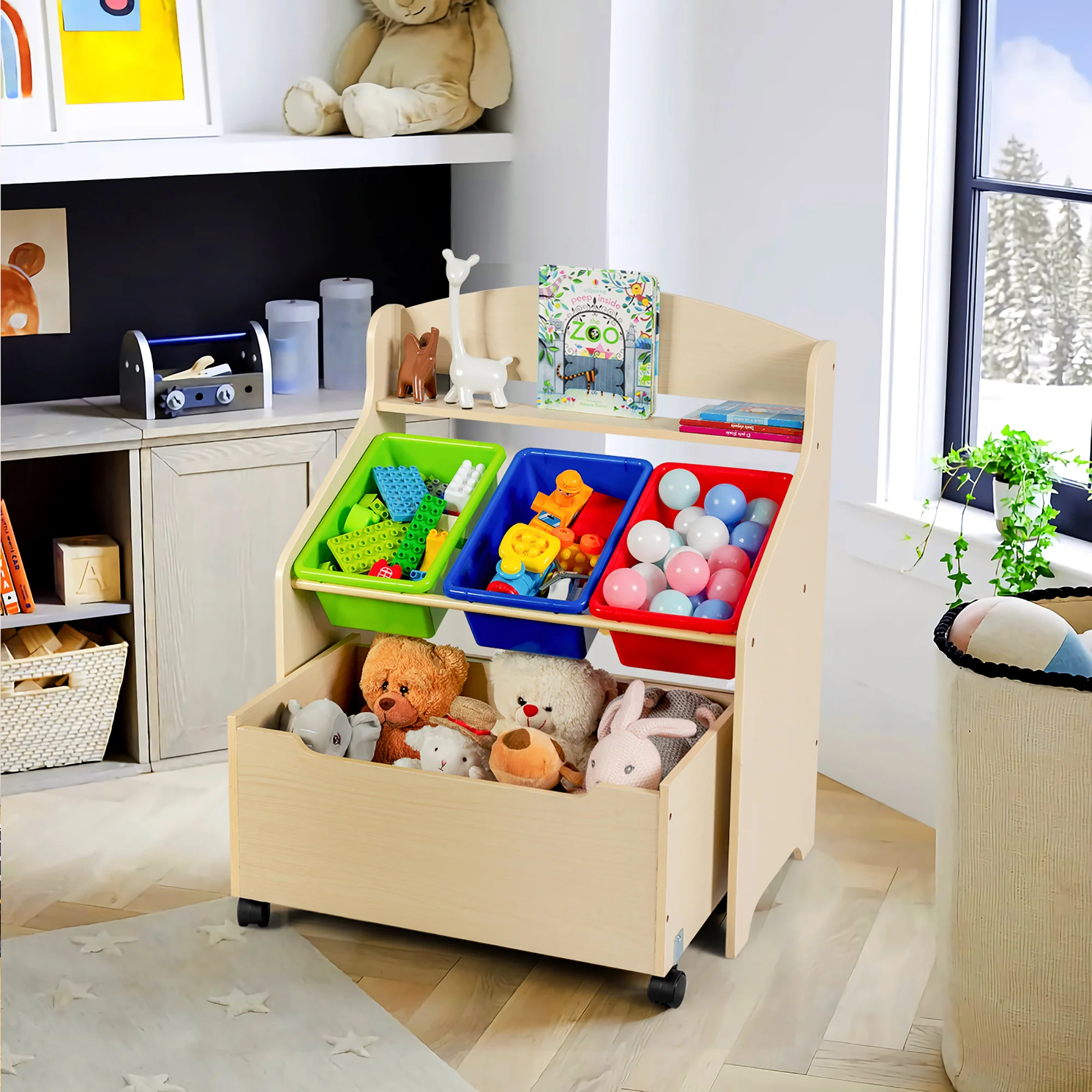 Costway Kids Wooden Toy Storage Unit Organizer w/Rolling Toy Box &a; Plastic Bins Natural