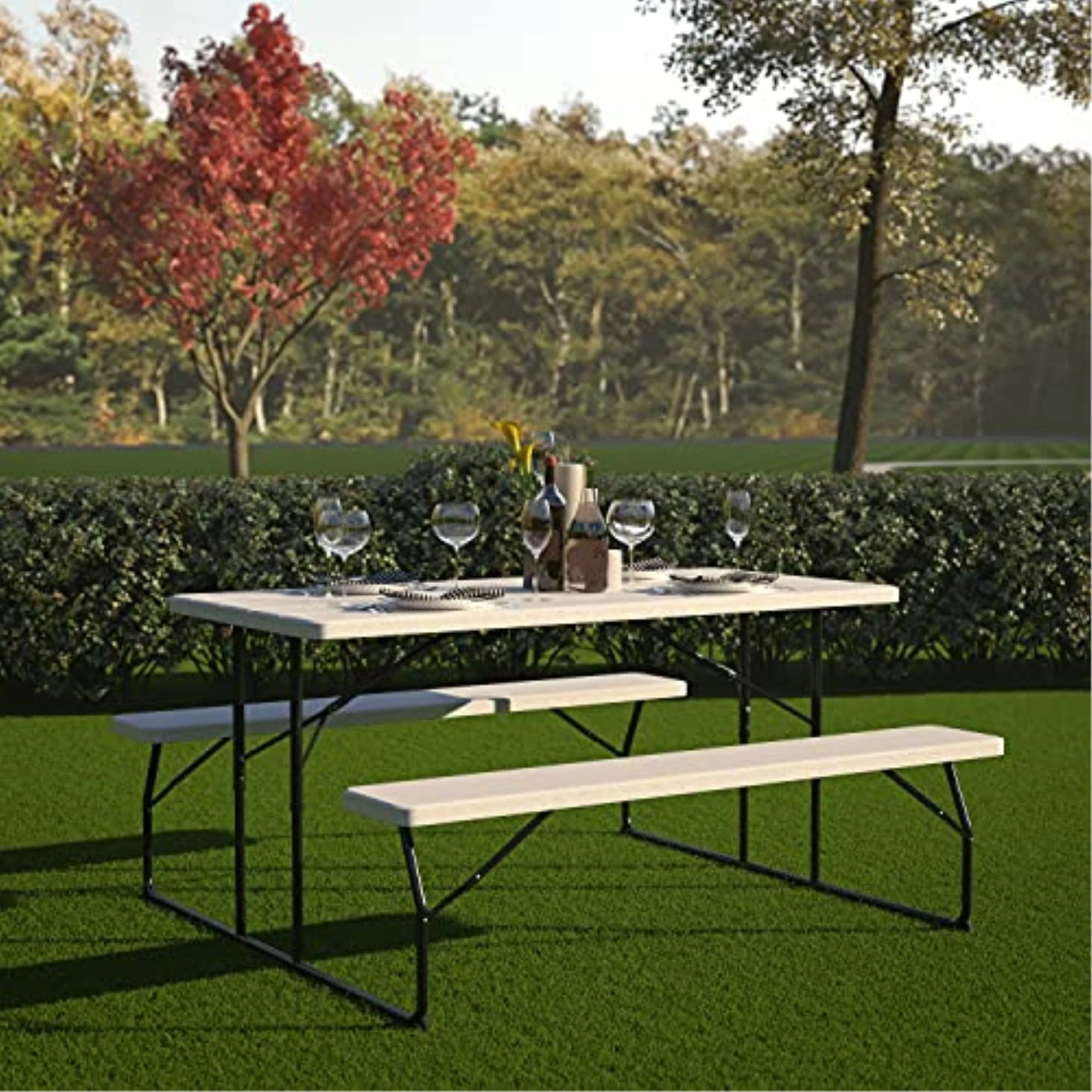 Flash Furniture Insta-Fold White Wood Grain Folding Picnic Table and Benches - 4.5 Foot Folding Table