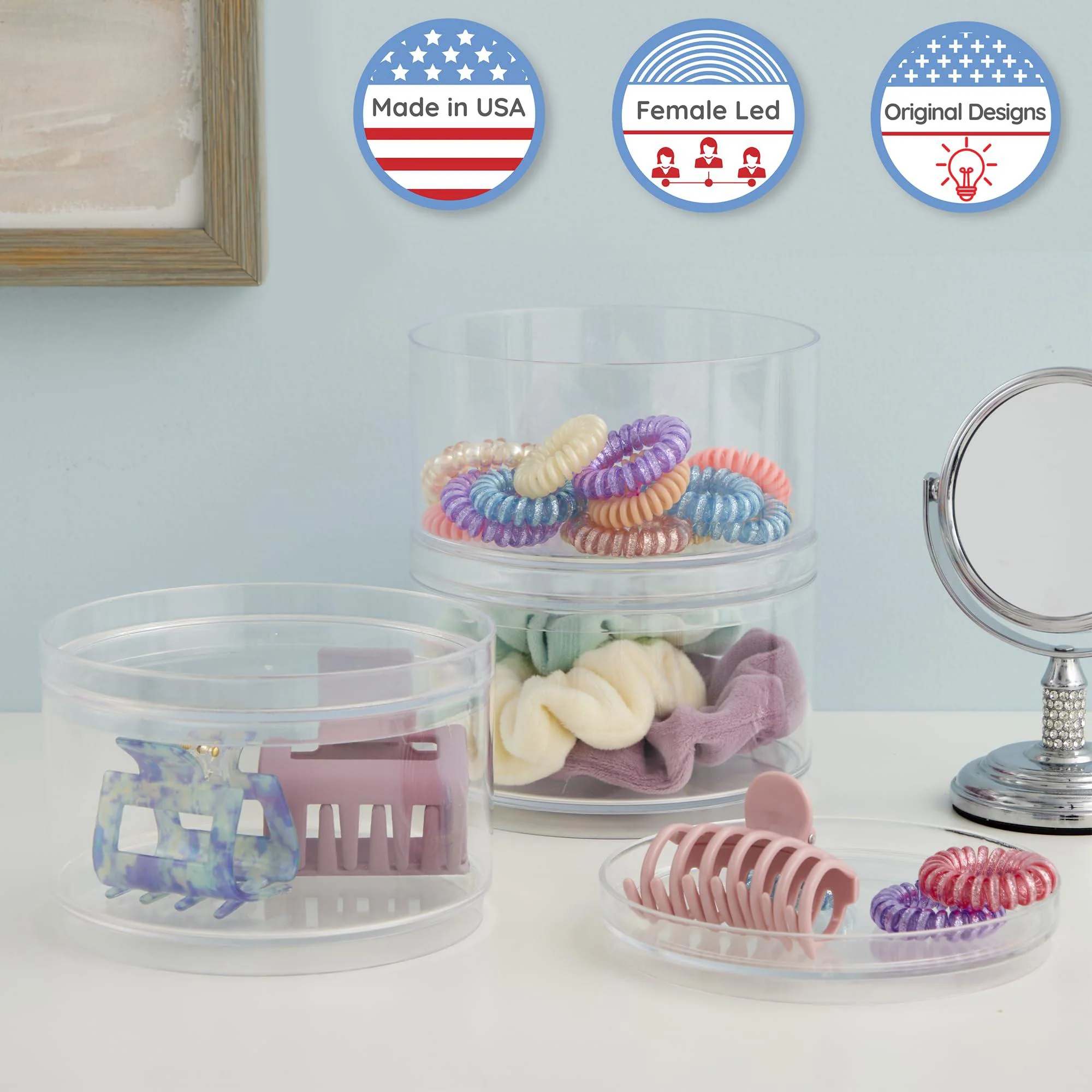 stori bella stackable clear plastic container (set of 3) round vanity storage organizers with lids for hair accessories &a; bea