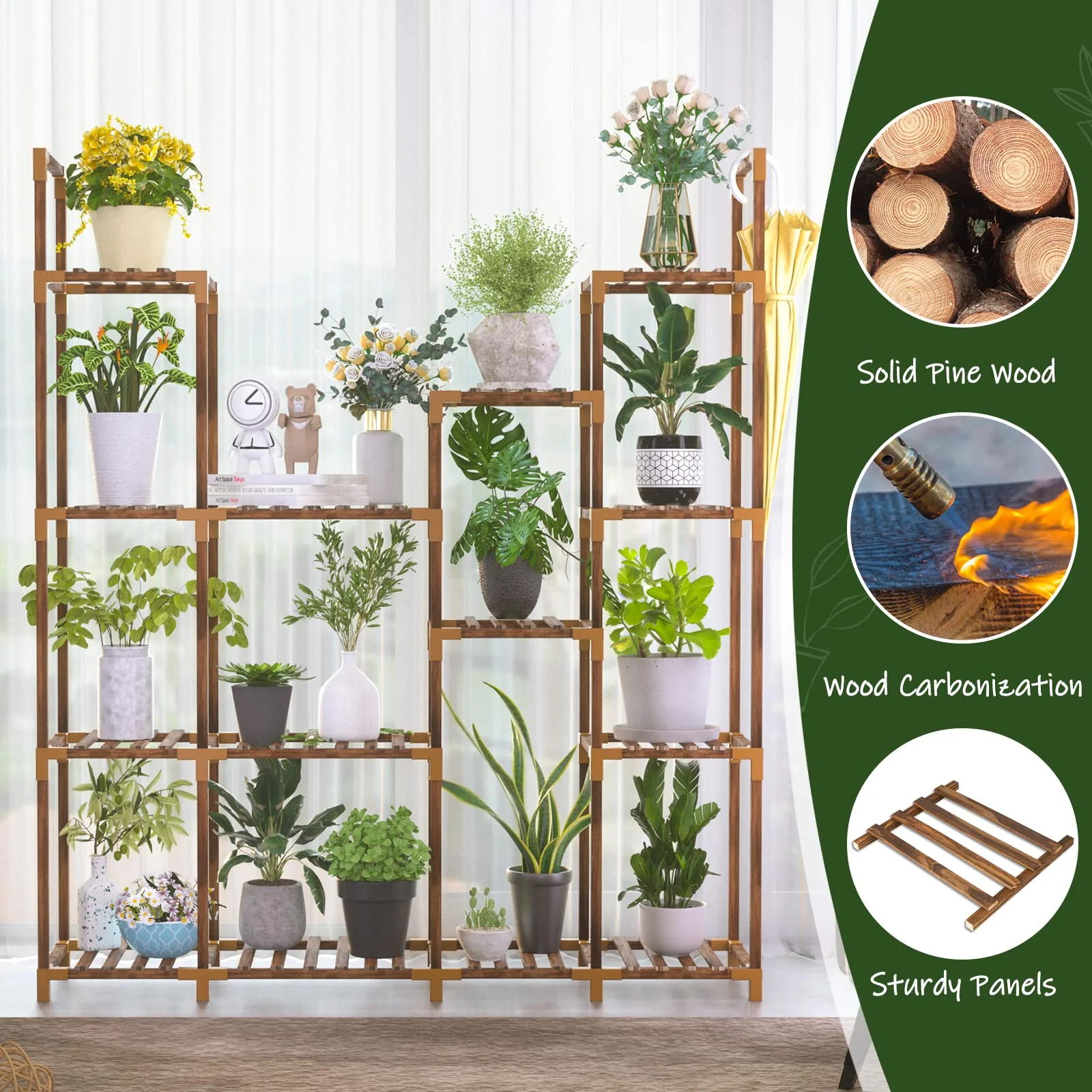 Uneedem Large Tall Plant Stand Indoor Outdoor Wood Plant Shelf Stands for Indoor Plants Multiple, 4 Tiers 14 Potted Plant Shelve