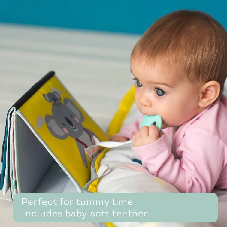 taf toys koala infant tummy-time high contrast soft crinkle activity book with huge baby safe mirror, 3d activities, textures