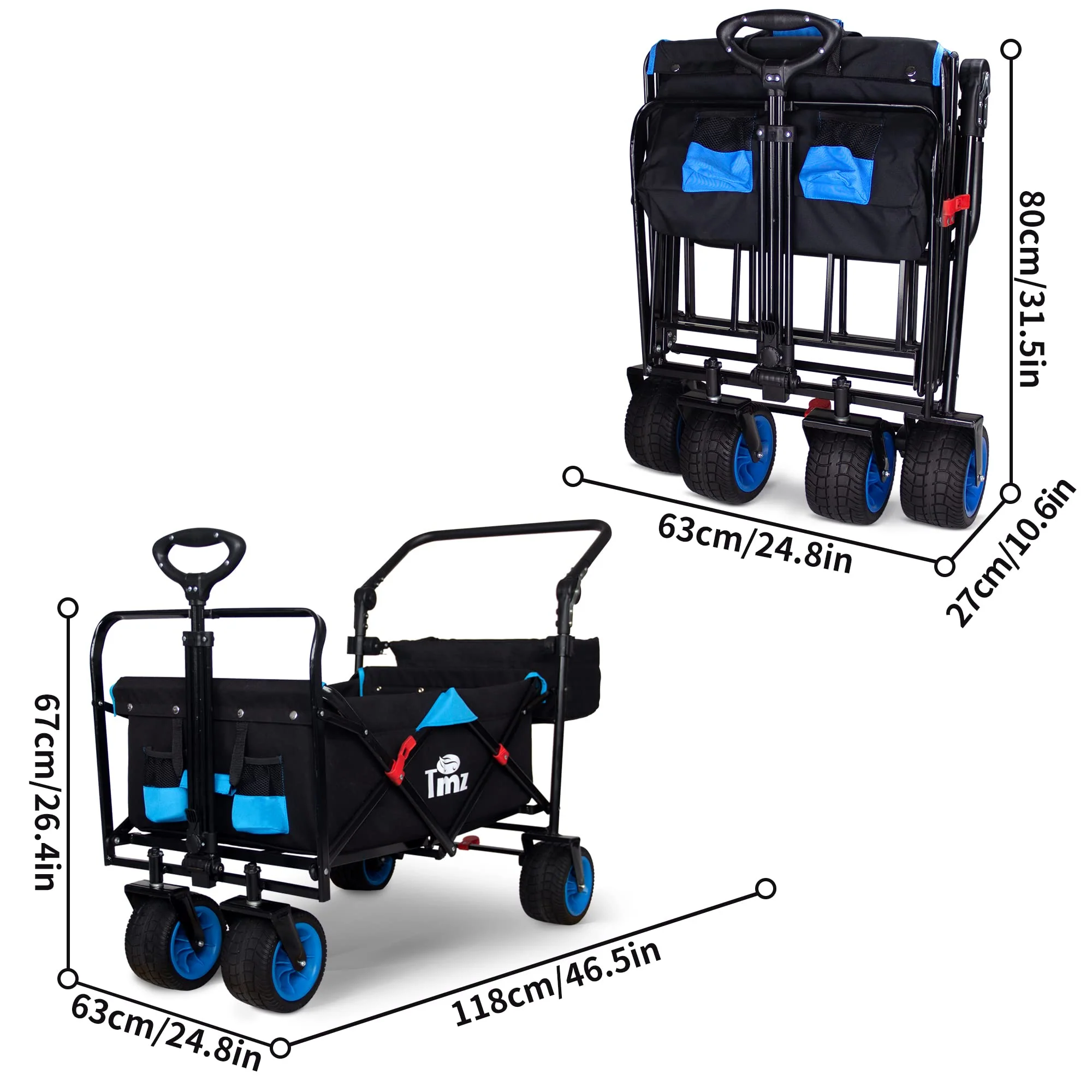 TMZ All Terrain Wide Wheel Utility Folding Wagon, Collapsible Garden Cart, Heavy Duty Beach Wagon Trolley with Adjustable Push H