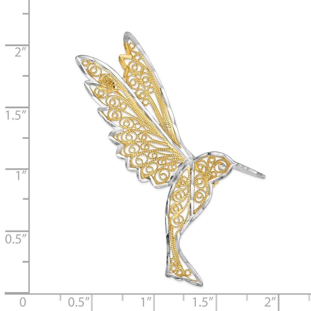 Jewelryweb 14k Yellow Gold and Rhodium Sparkle-Cut Filigree Humming Bird Pin