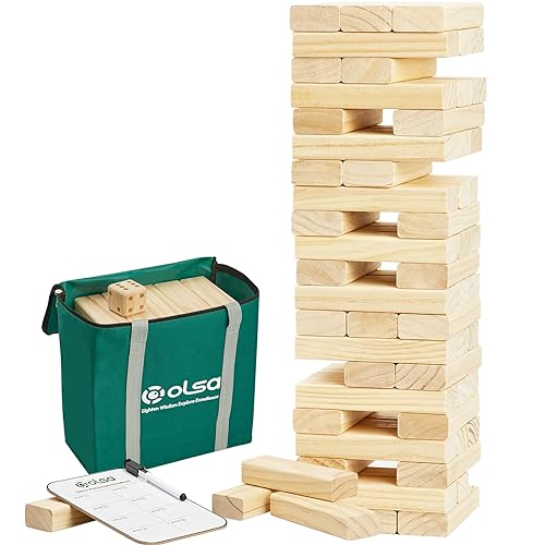 Olsa Giant Tumble Tower, 60 PCS Wooden Block Stacking Yard Game with Carrying Bag, Classic Indoor &a; Outdoor Games for Kids Adult