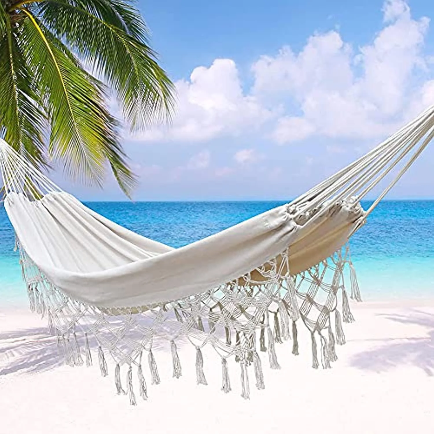 cbest hammock for 2 person boho swing bed - brazilian macrame fringe hammock chair washable net chair for beach, camping, backyard,