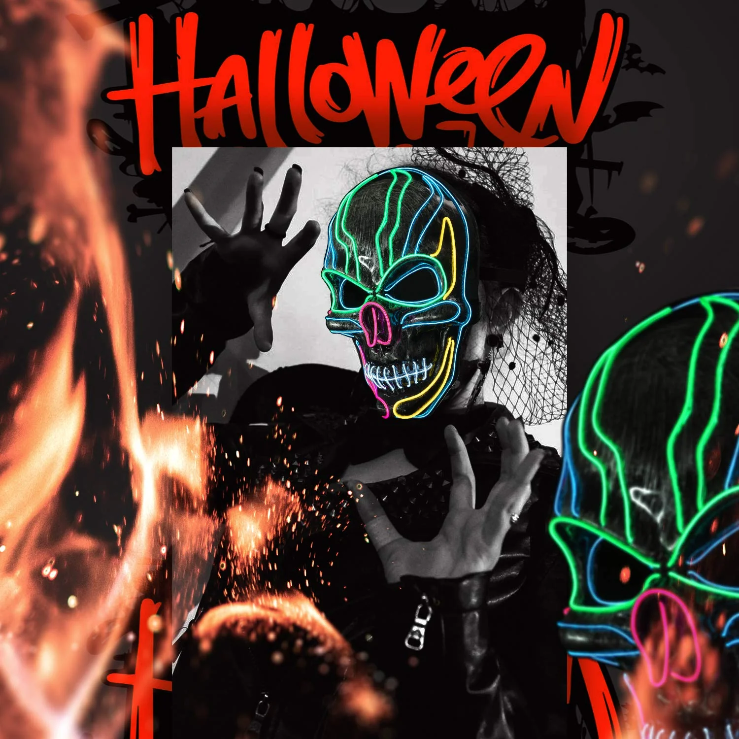 ILEBYGO LED Halloween Mask Light Up Scary Mask Purge Mask with EL Wire 3 Flashing-Modes for Halloween Festival, Party, Cos Play