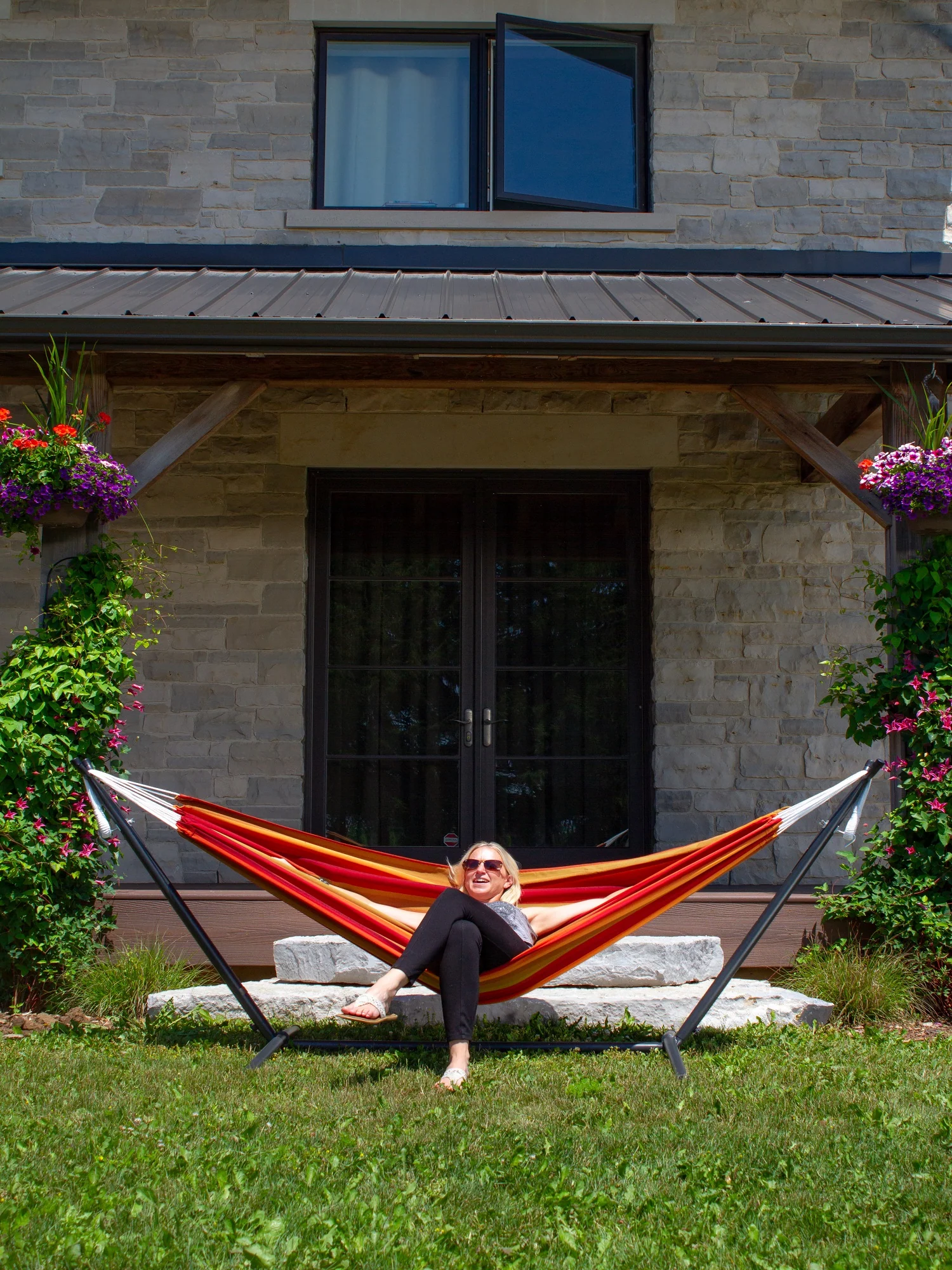The Hamptons Collection 110” Orange Striped Sunbrella Brazilian Style Hammock with Stand