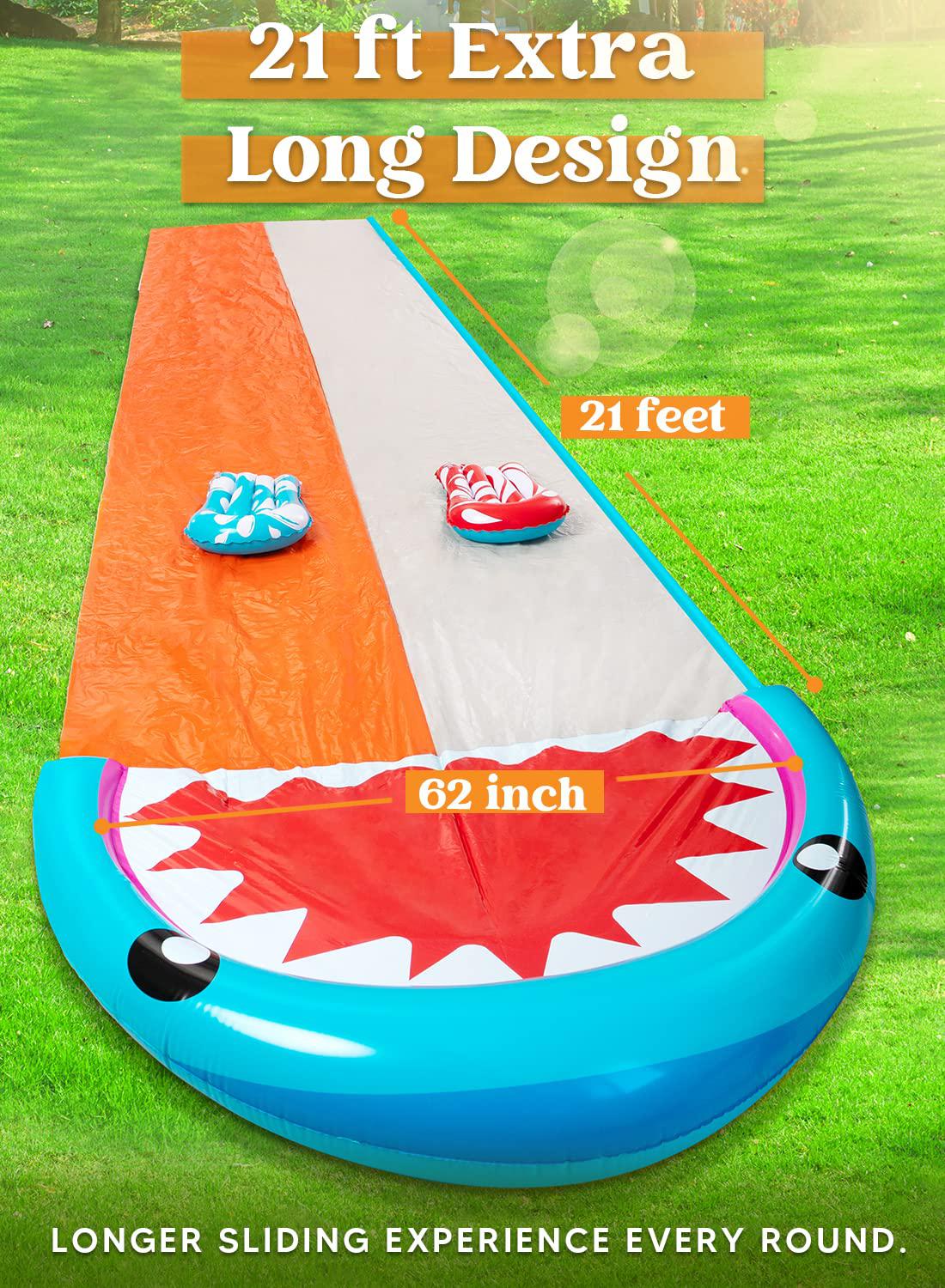sloosh 21ft water slides with 2 boogie boards backyard outdoor lawn slip waterslide 2 sliding racing lanes with sprinklers su