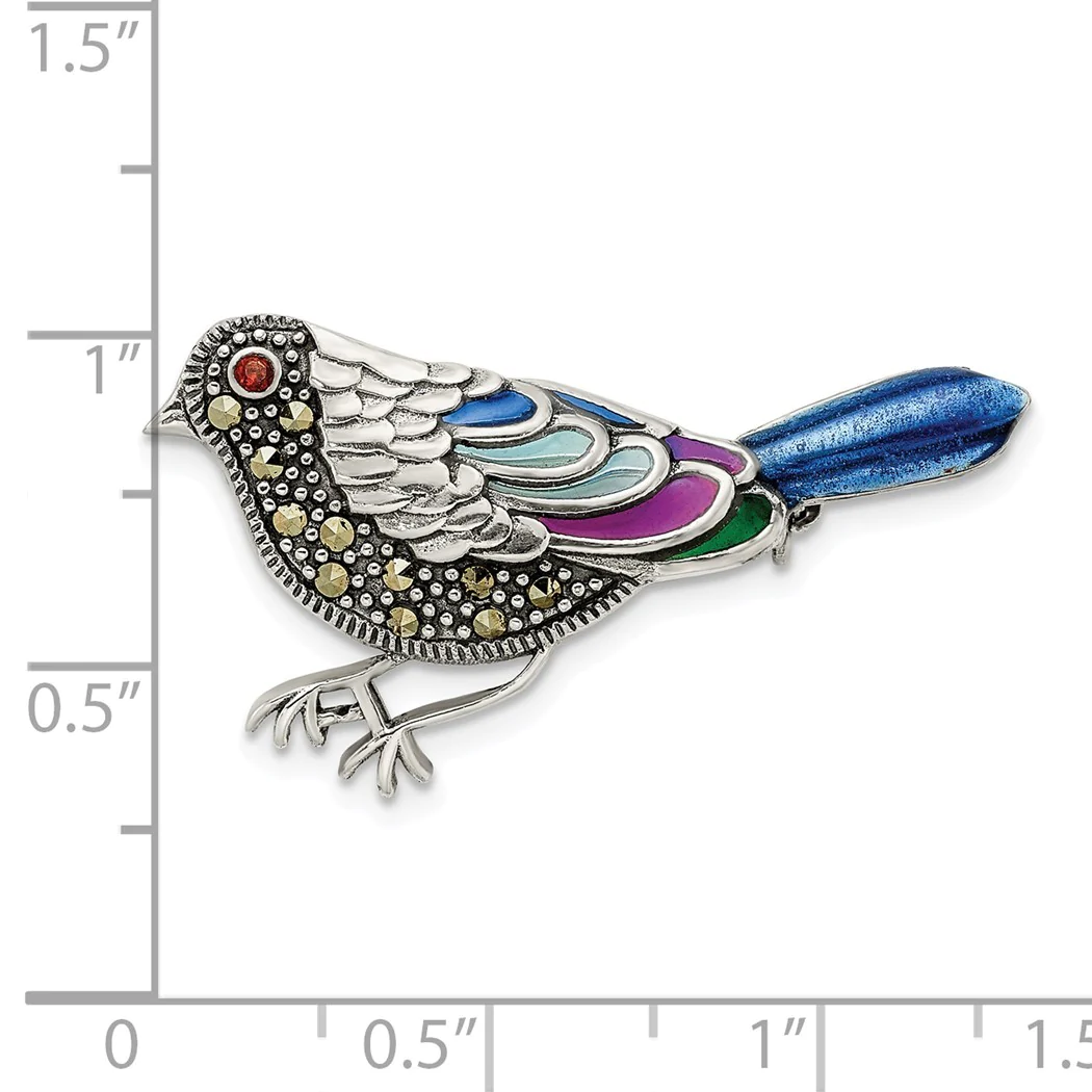 Jewelryweb 34.33mm Sterling Silver Antiqued Multicolored Enameled Marcasite and Garnet Bird Pin Brooch