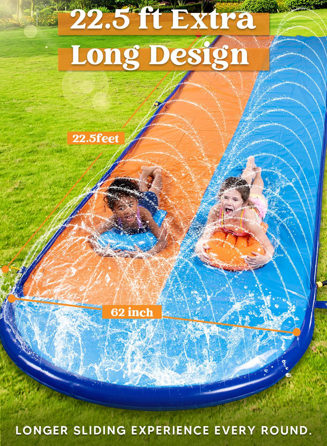 sloosh 22.5ft double water slides, heavy duty lawn water slide for kids adults with sprinkler and 2 inflatable boards slip fo