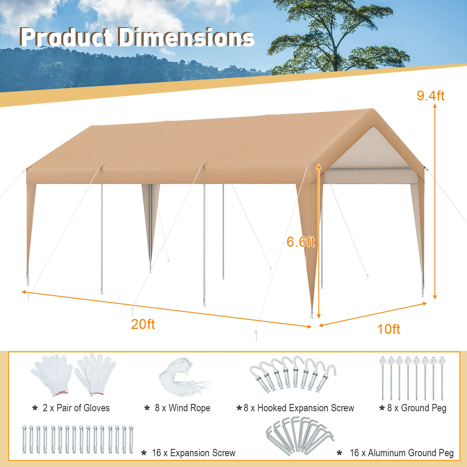 Costway 10x20FT Patio Heavy Duty Carport Garage Steel All-Weather Tent Outdoor Shelter