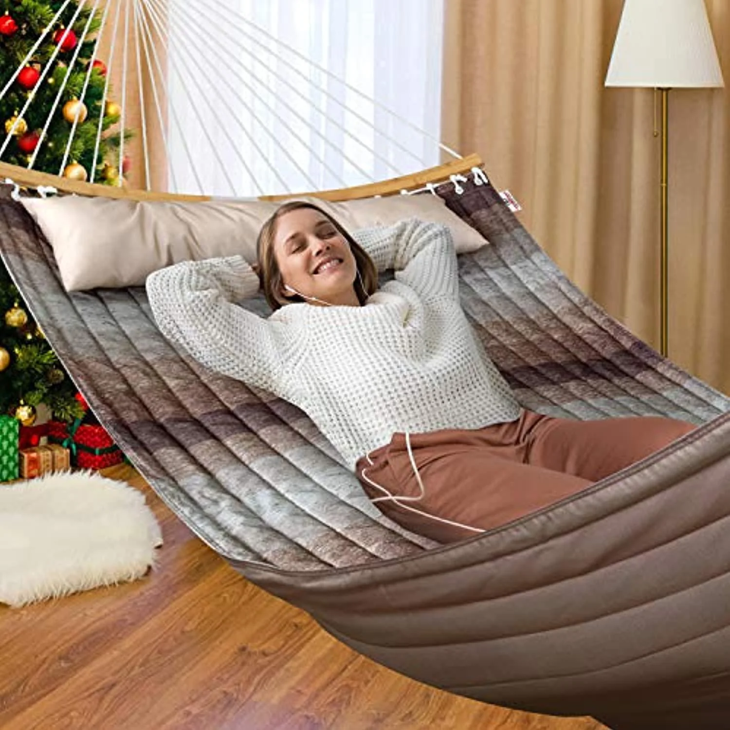 Bathonly large 2 person 11ft double hammock quilted fabric swing with foldable curved bamboo bar &a; detachable pillow &a; carrying bag -