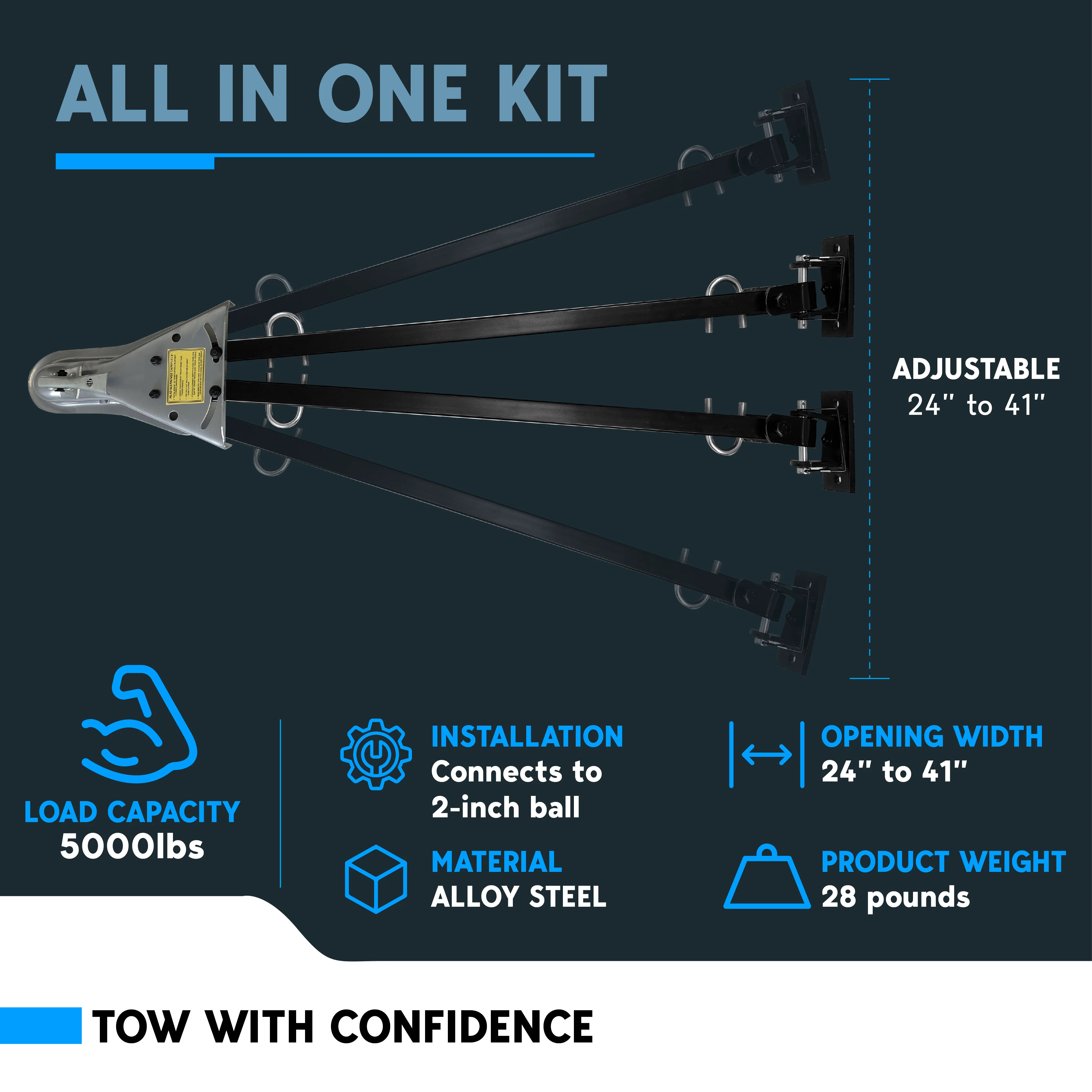 Biltek Adjustable Tow Bar With 5000 lbs Towing Capacity, Universal Tow Bar with 2X Safety Chains, Compatible Tow Bars for Jeeps,