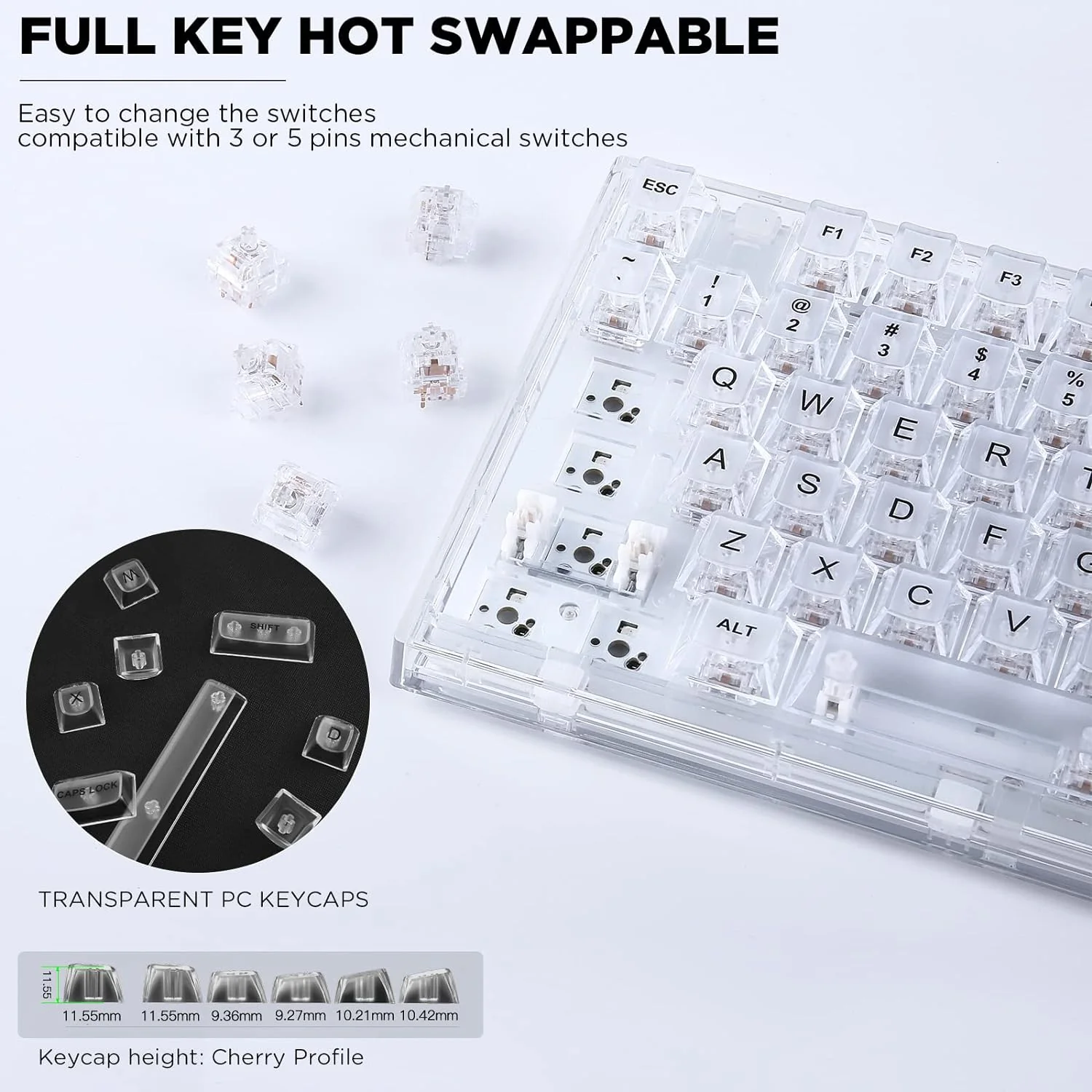 Zell Electronics Zell Pro 82 Key Wireless Hot Swappable Mechanical Gaming Keyboard With Transparent Keycaps,Bt5.0/2.4G/Usb-C, Gasket Mount Key…