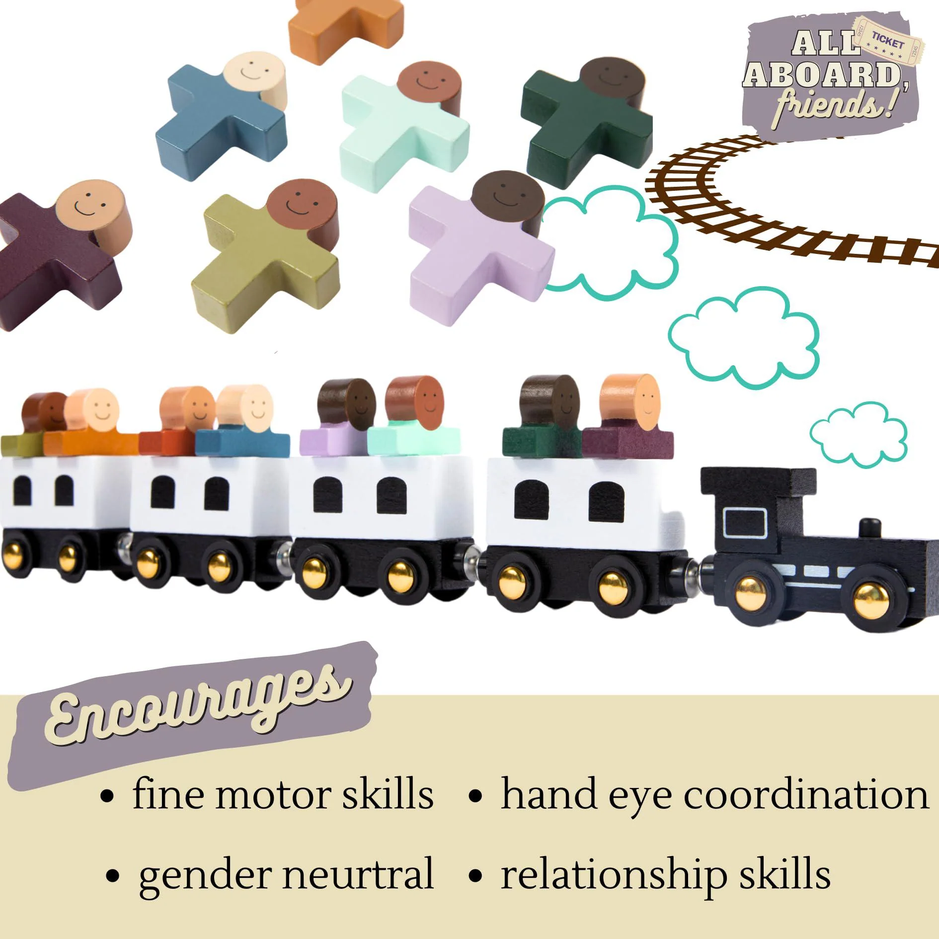 aly lea and co. wooden train set for toddlers | train set w/removeable smiley figurines, gold wheels, black &a; white | wooden toy | toddler to