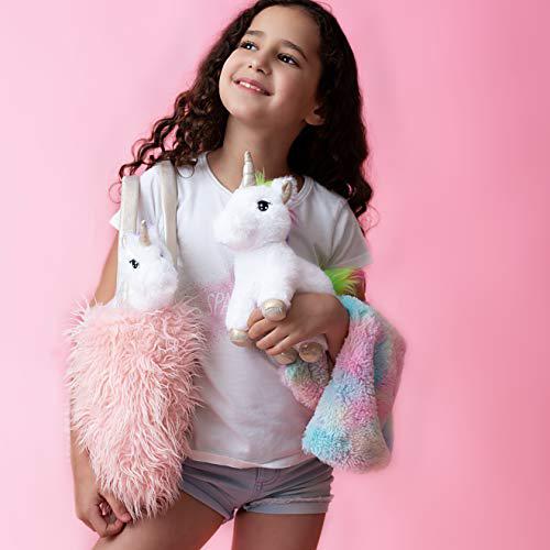 Perfectto Design unicorn gift for girls 4 pcs set. baby and mommy unicorn toy, xl furry bag and baby doll blanket. adorable plush toy for 3 4