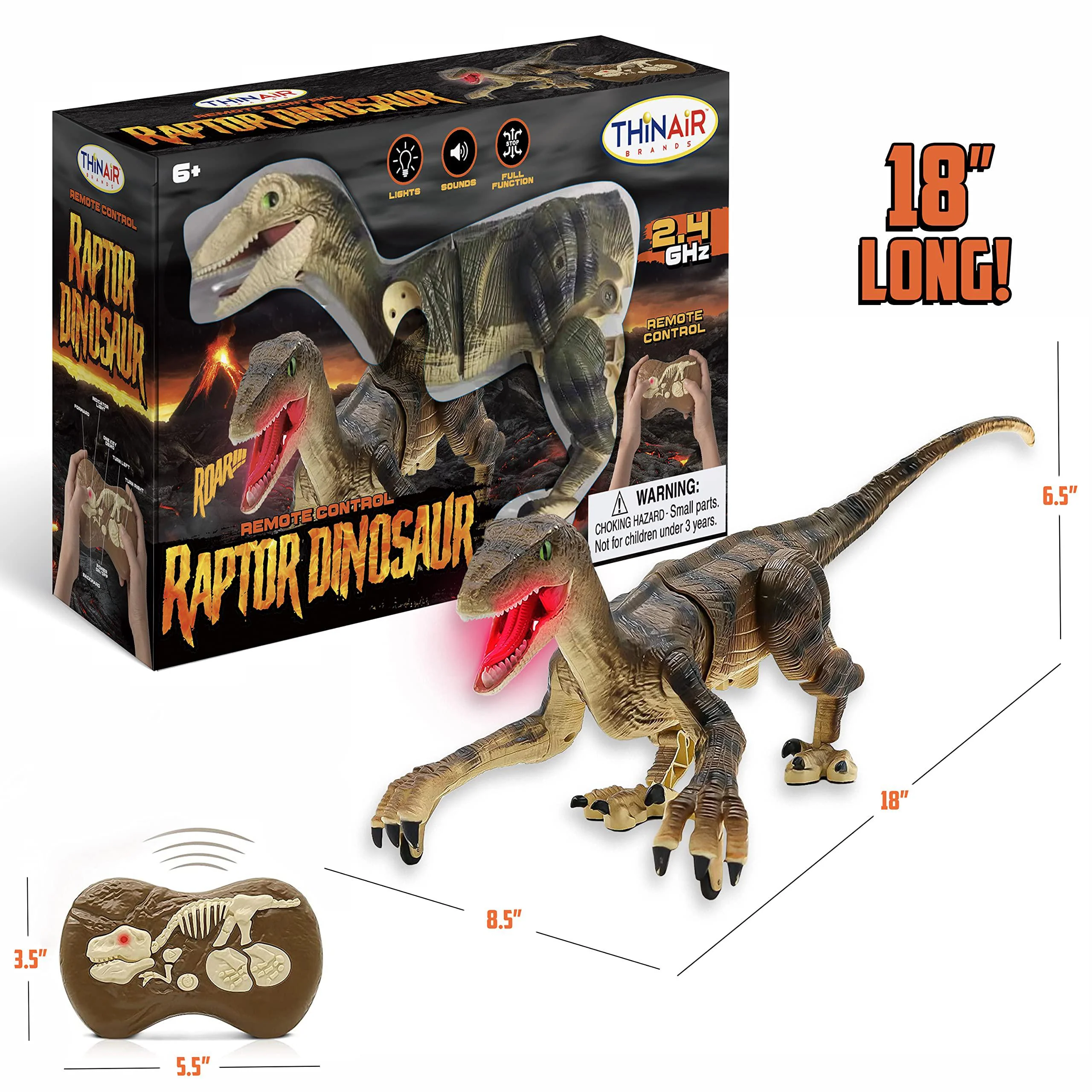 Nature Bound rc dinosaur toy: 18-inch velociraptor lights up, roars, walks forward, back, left &a; right, has built-in rechargeable battery