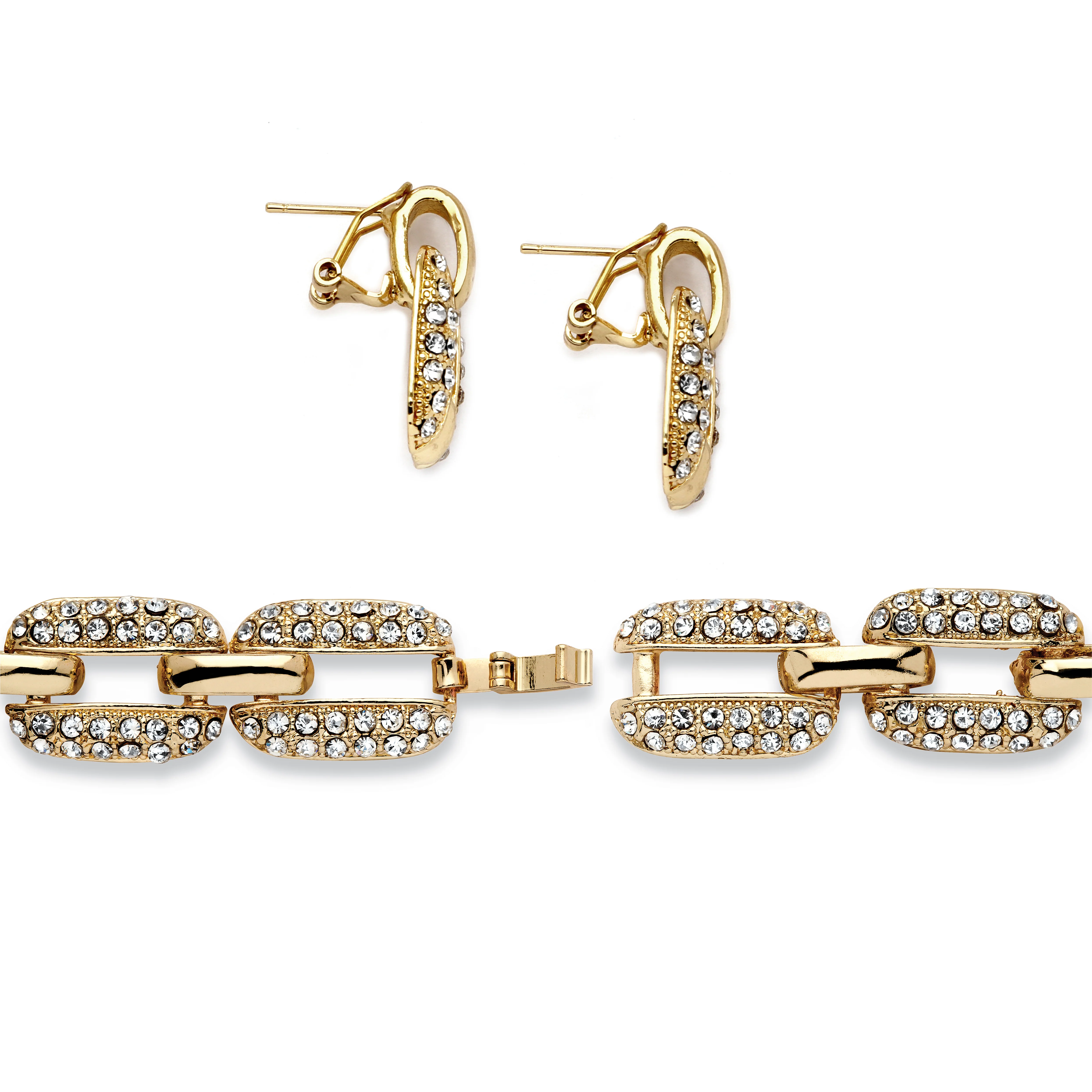 PalmBeach Jewelry 3 Piece Crystal Interlocking-Link Necklace, Bracelet and Drop Earrings Set in Yellow Goldtone