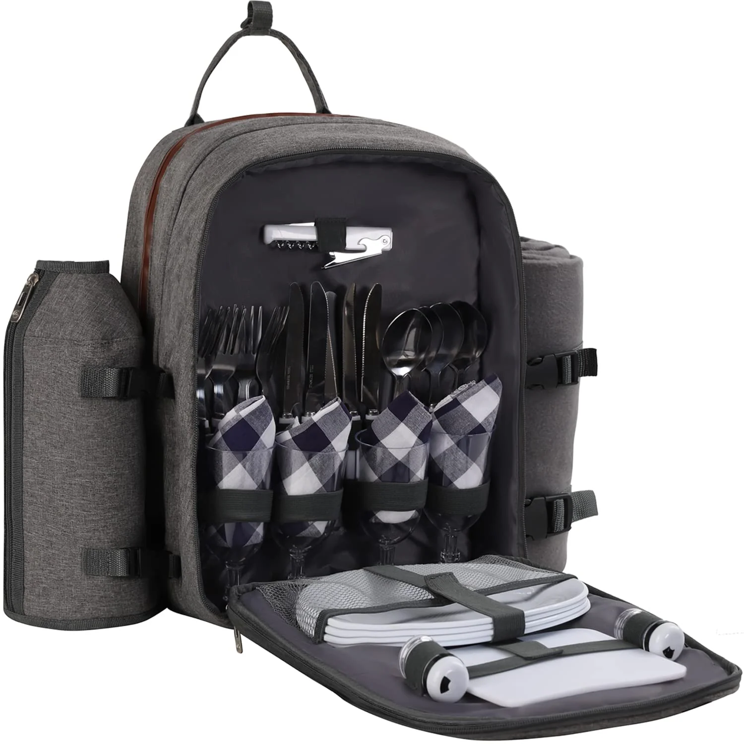 ALLCAMP OUTDOOR GEAR Picnic Backpack for 4 Person W/ Detachable Wine Holder, Insulated Food Compartment and Picnic Cutlery for F