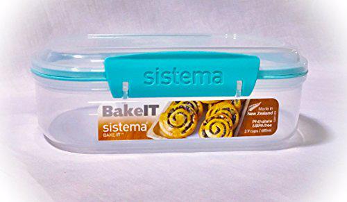 sistema bake it food storage for baking ingredients, toppings container, 2.9 cups, clear with aqua accents