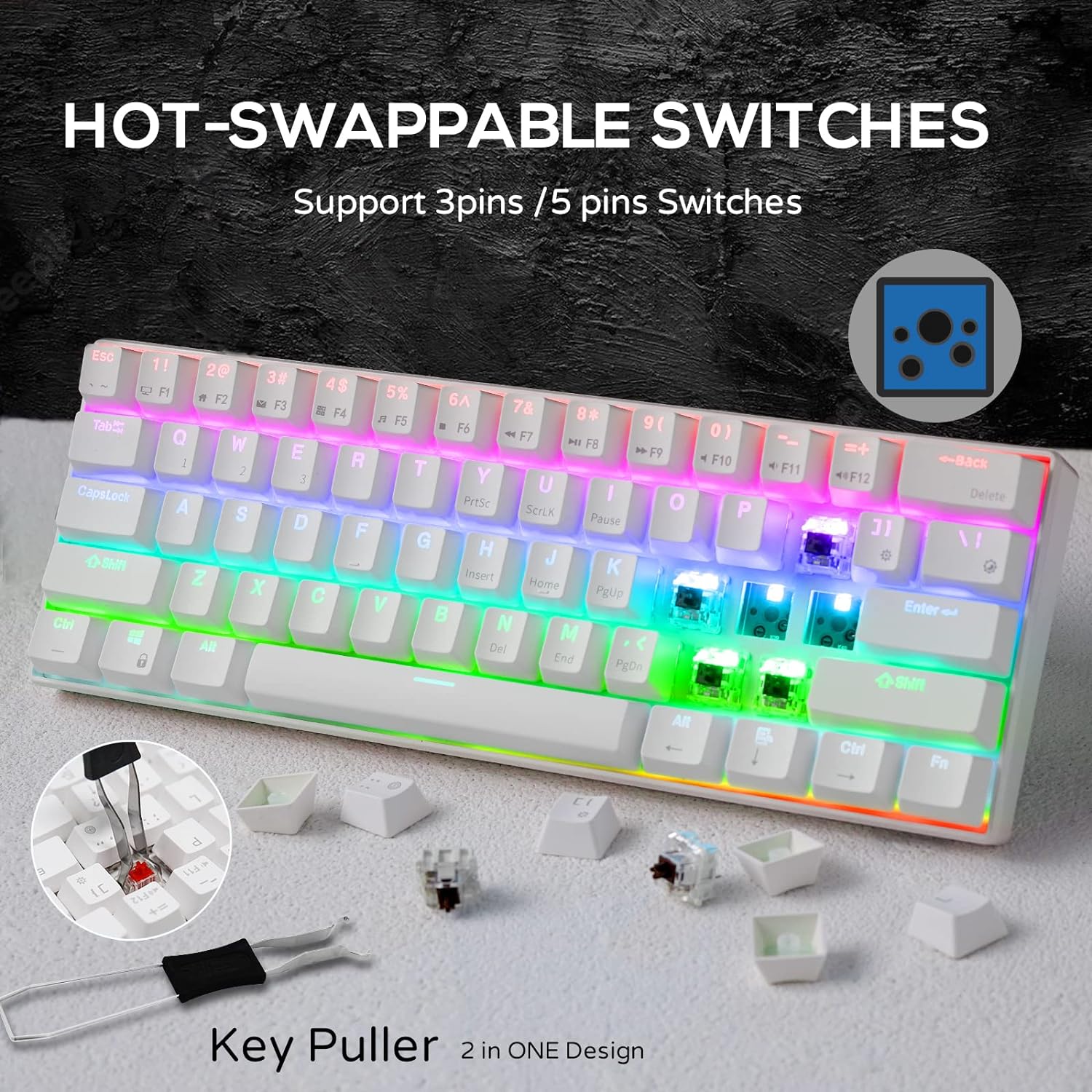 Zell Electronics Zell 60% Mechanical Keyboard With Coiled Cable, 2.4Ghz/Bluetooth/Wired, Wireless Bluetooth Mini Keyboard 61 Keys, Rgb Hot Swa…