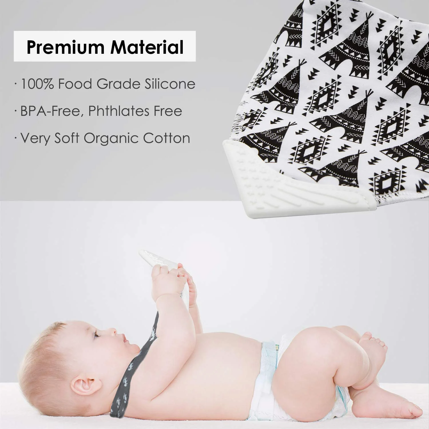 Giftty Bandana Bibs with Teething Corner, Teething Bib by Giftty, BPA-Free Silicone Teether and Adjustable Snap for Baby Boys, (Black F
