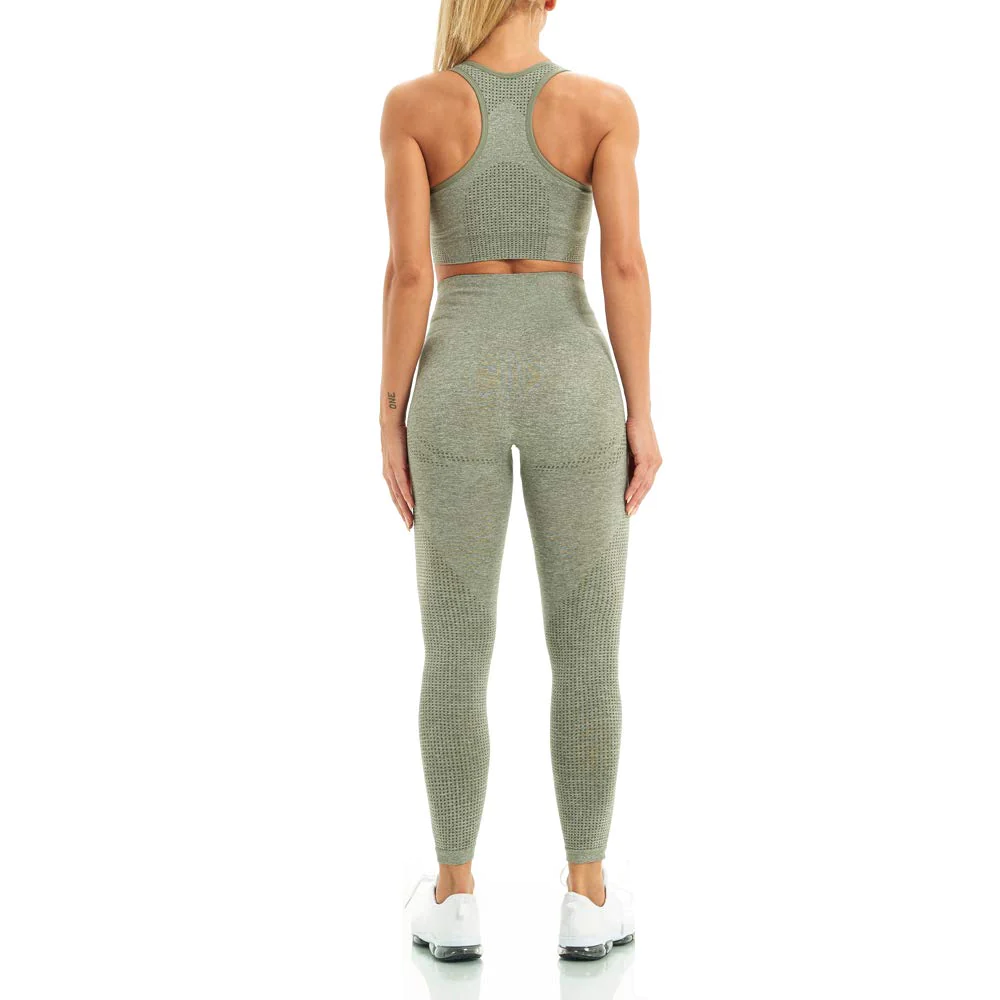 WodoWei Women 2 Piece Workout Outfits Sports Bra Seamless Leggings Yoga Gym Activewear Set (YO601-khaki grey marl-L)