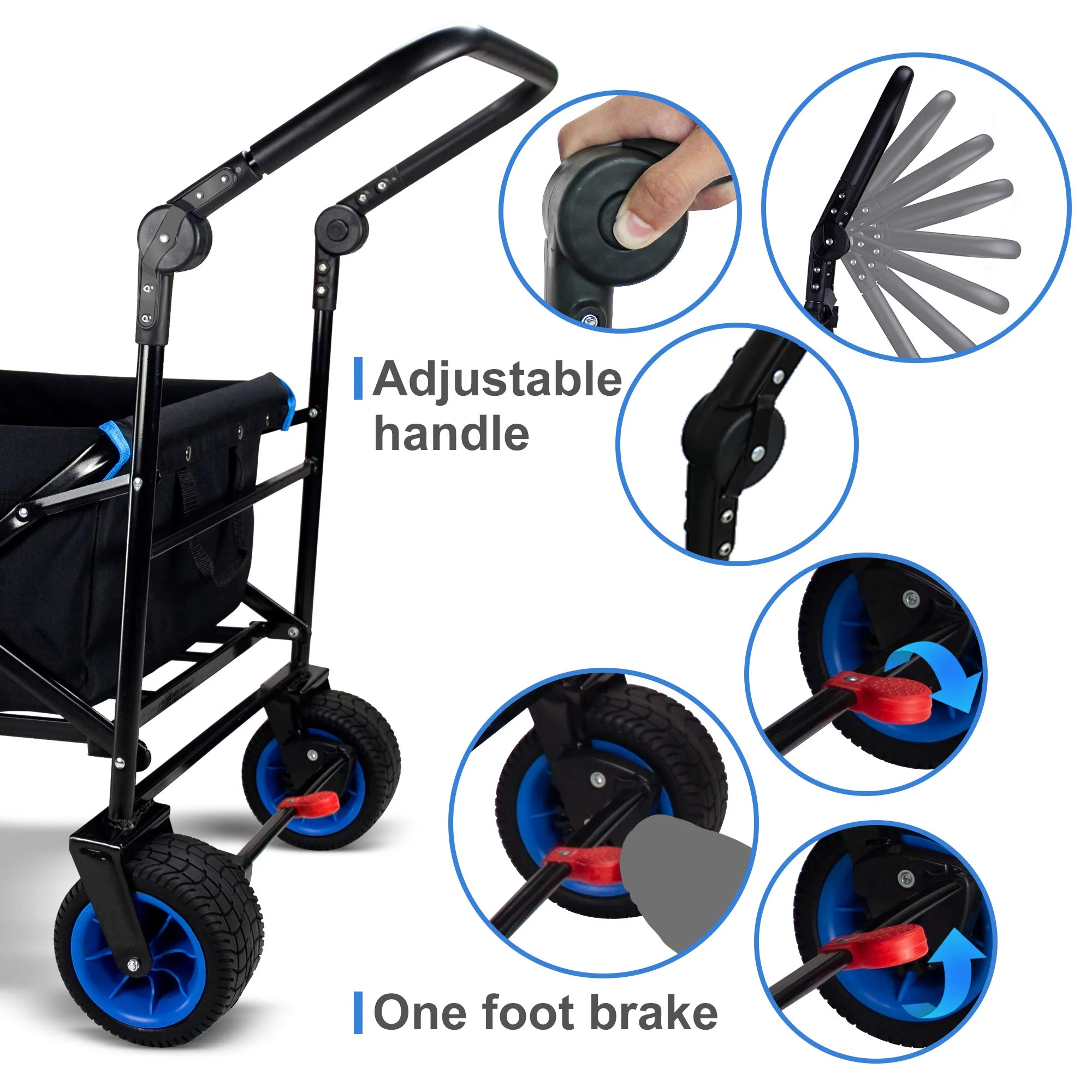 TMZ All Terrain Wide Wheel Utility Folding Wagon, Collapsible Garden Cart, Heavy Duty Beach Wagon Trolley with Adjustable Push H