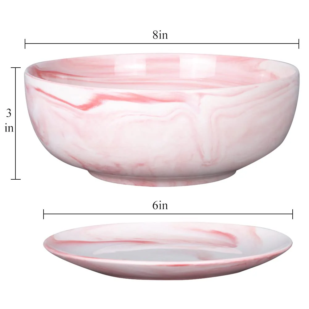 G EPGardening 8in Marble Large Round Ceramic Succulent Planter Pot with Drainage Hole and Plant Saucer Shallow Bonsai Planter Po