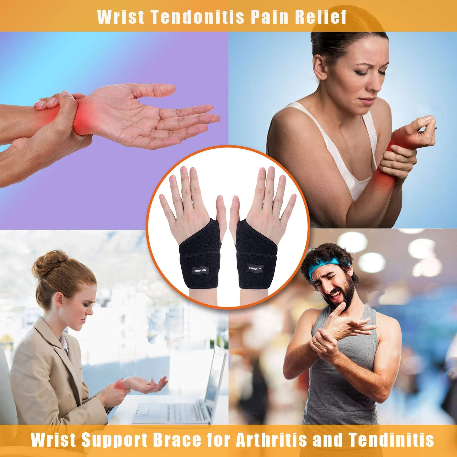 Generic CERBONNY Carpal Tunnel Wrist Brace ,2Pack Wrist Support Brace Adjustable Wrist Strap Reversible Wrist Brace for Sports Protecti